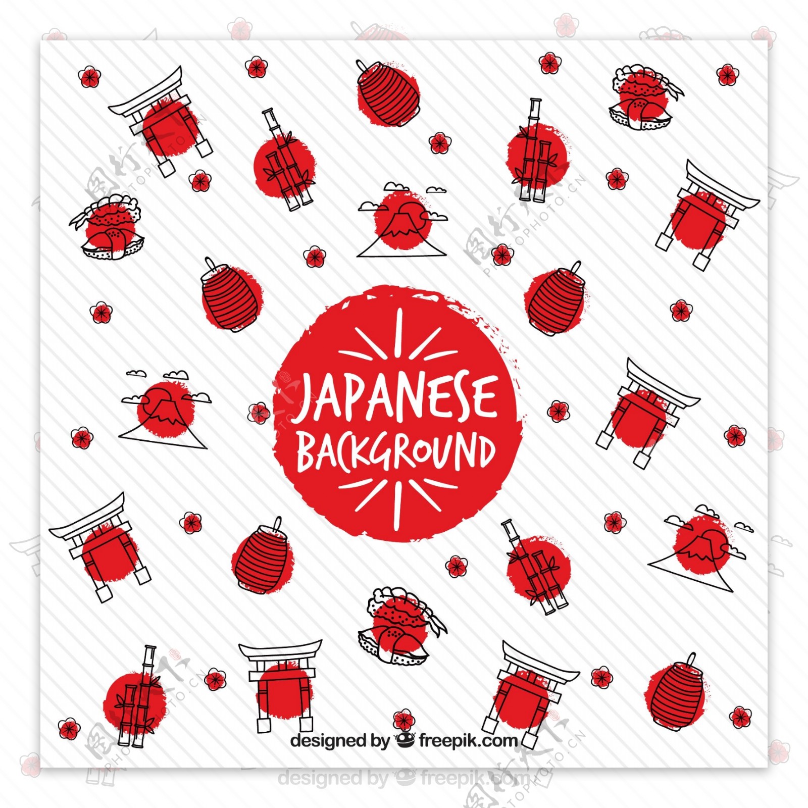 手绘日本元素与红色圆圈背景