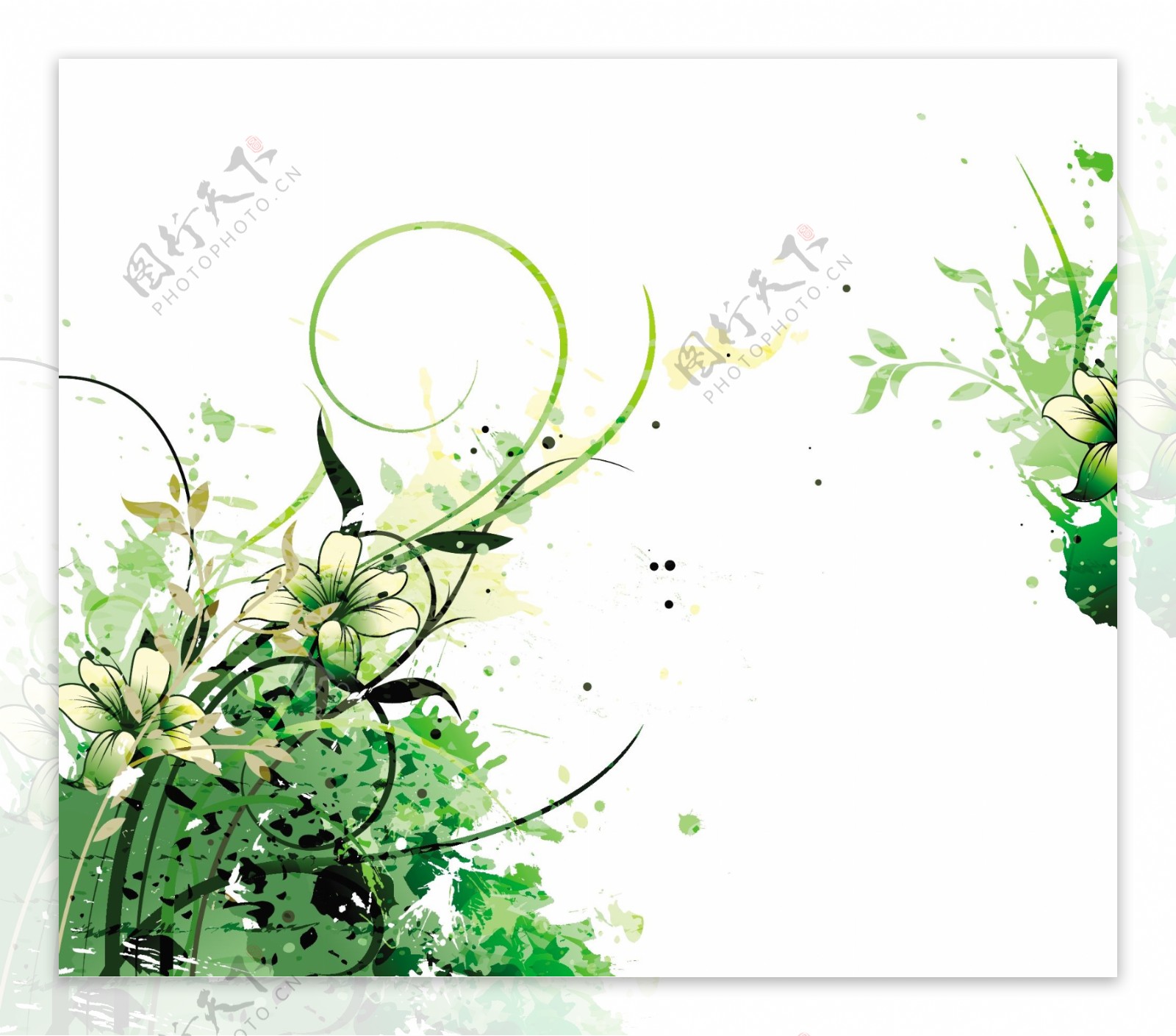 绿色植物卷纹花朵背景