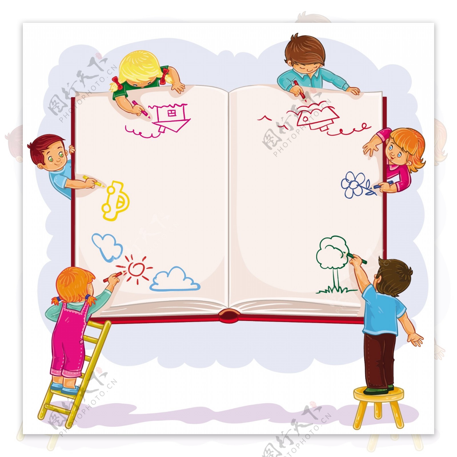 在一个大的纸本上画的孩子们快乐的在一起
