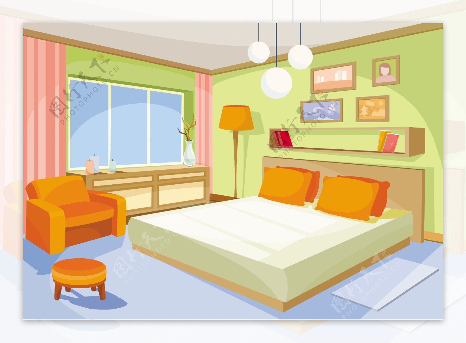 矢量卡通插画室内橙蓝色卧室客厅与床软椅子