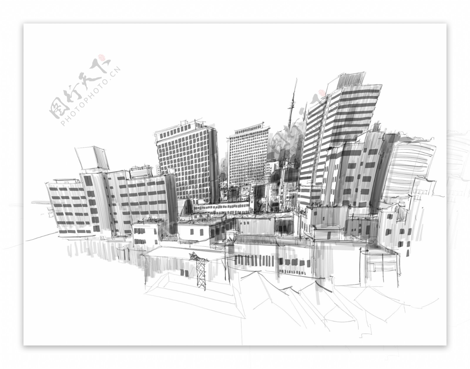 黑白素描城市建筑插画