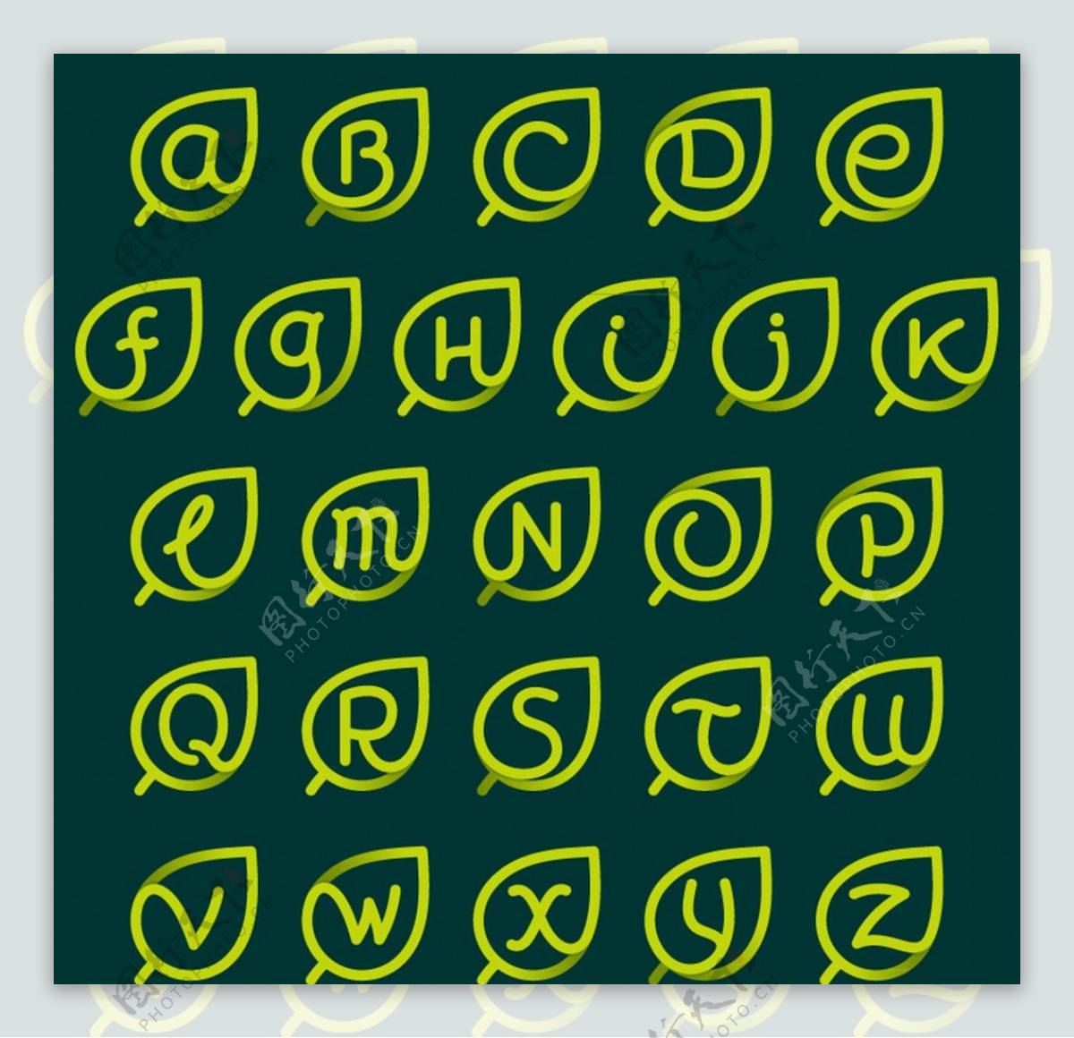 26个绿色树叶字母设计矢量图