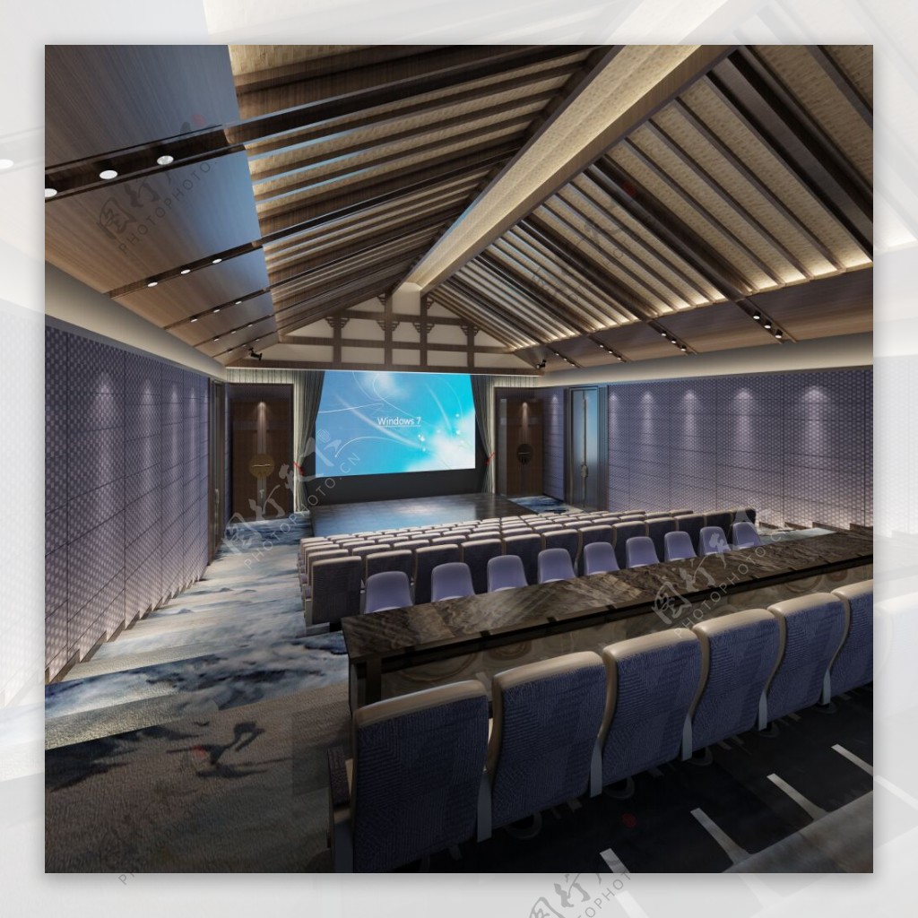 中式典雅浅紫色背景墙酒店会议室工装效果图