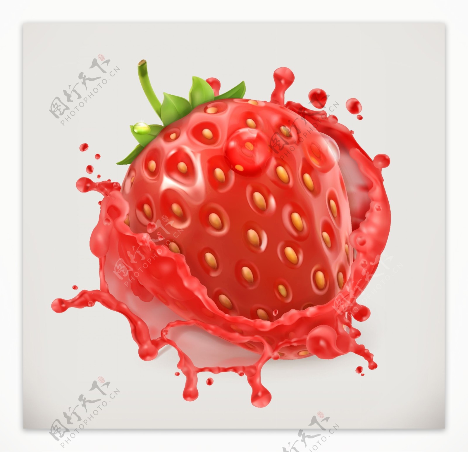 鲜红的草莓和飞溅的果汁矢量素材