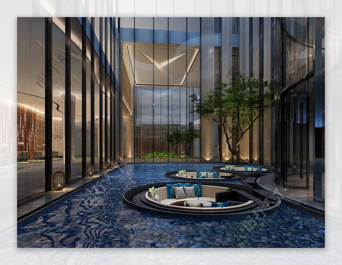 现代时尚蓝色花纹地毯酒店大厅装修效果图