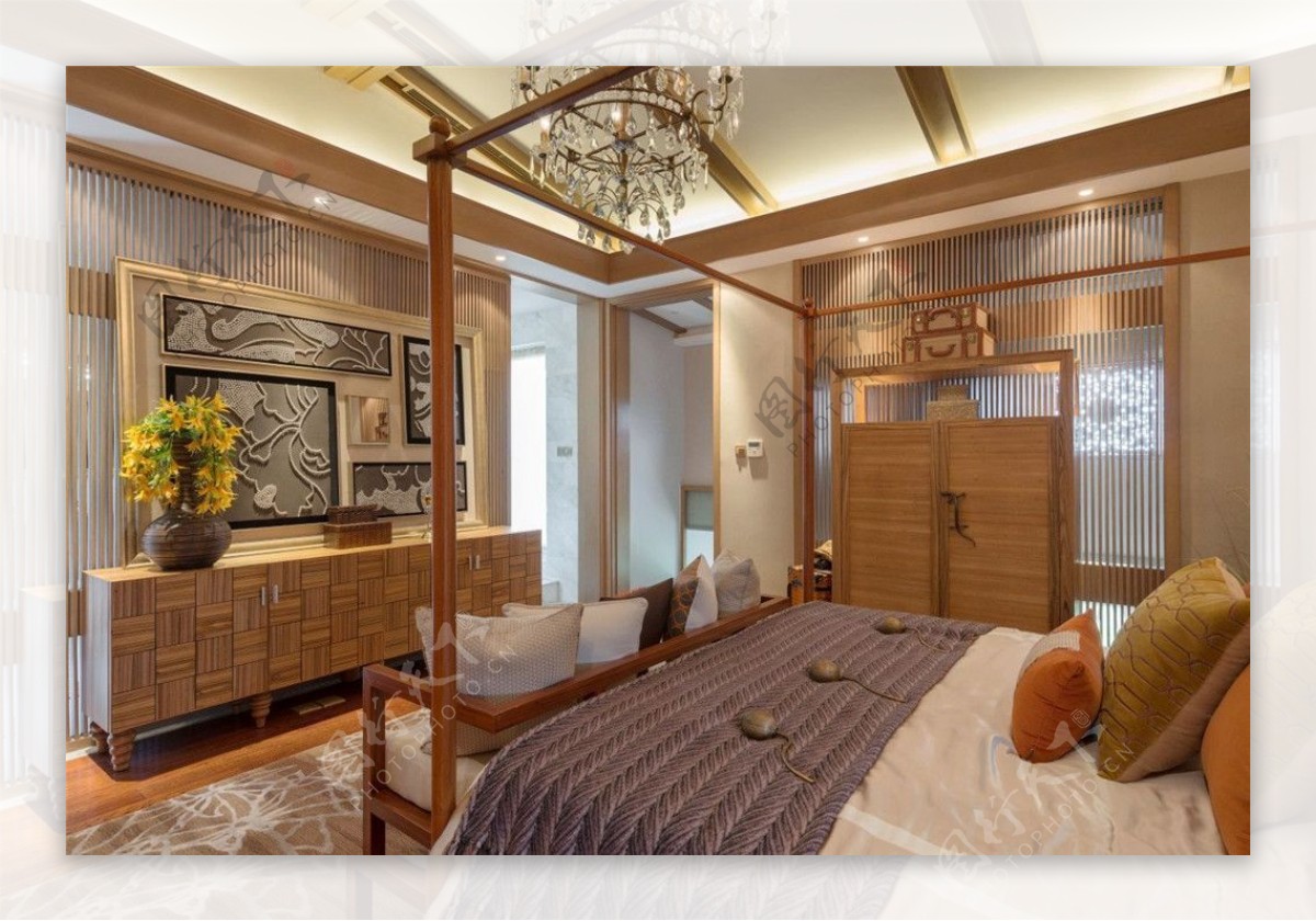 东南亚时尚卧室深色横条纹床品室内装修图
