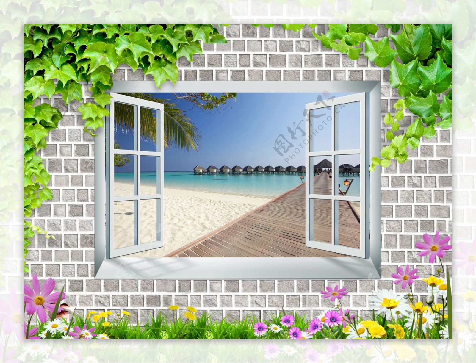 3D窗外南海风景立体创意画背景墙