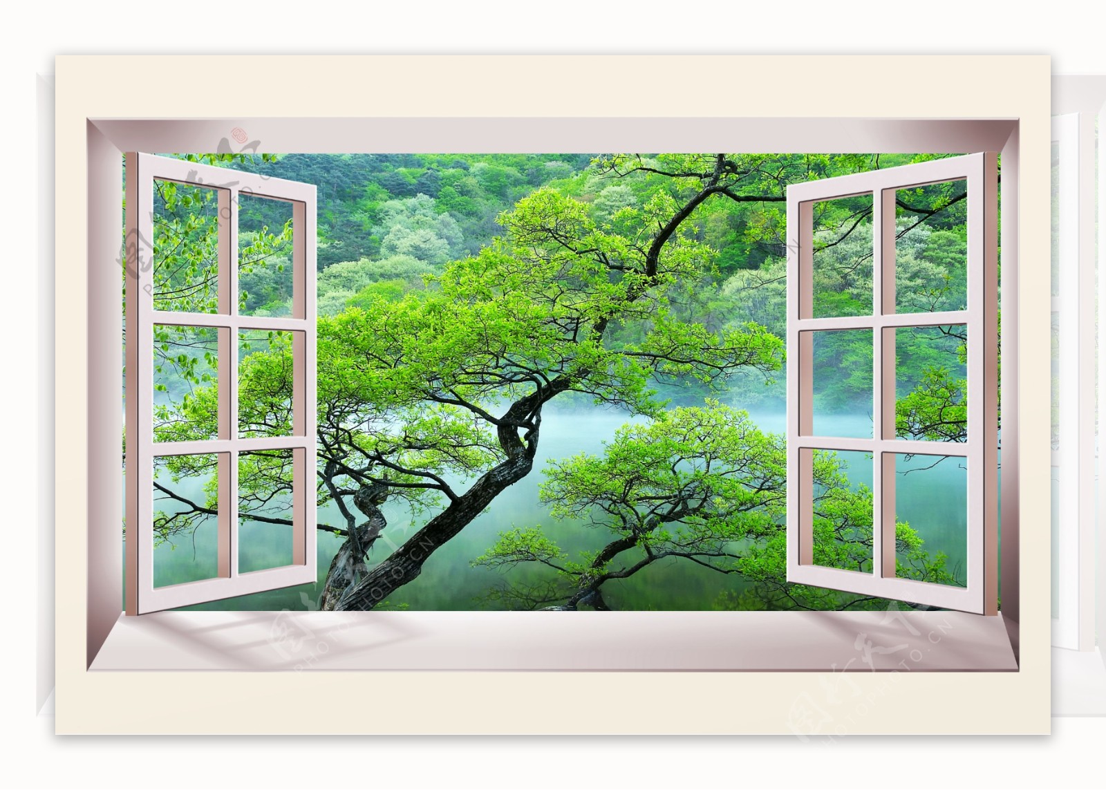 3D立体橱窗绿树背景墙
