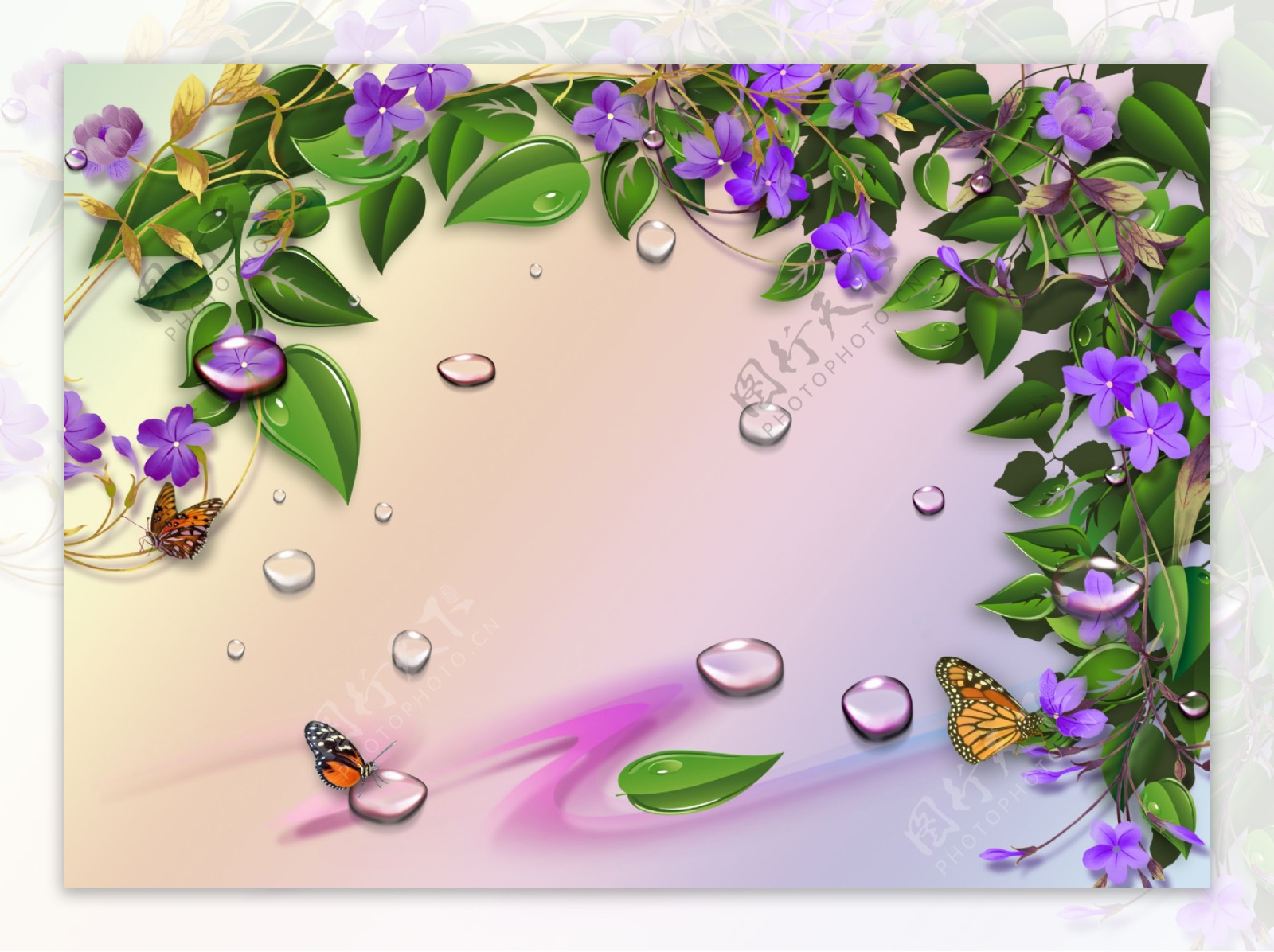 梦幻紫色花朵滕蔓背景墙壁画墙画