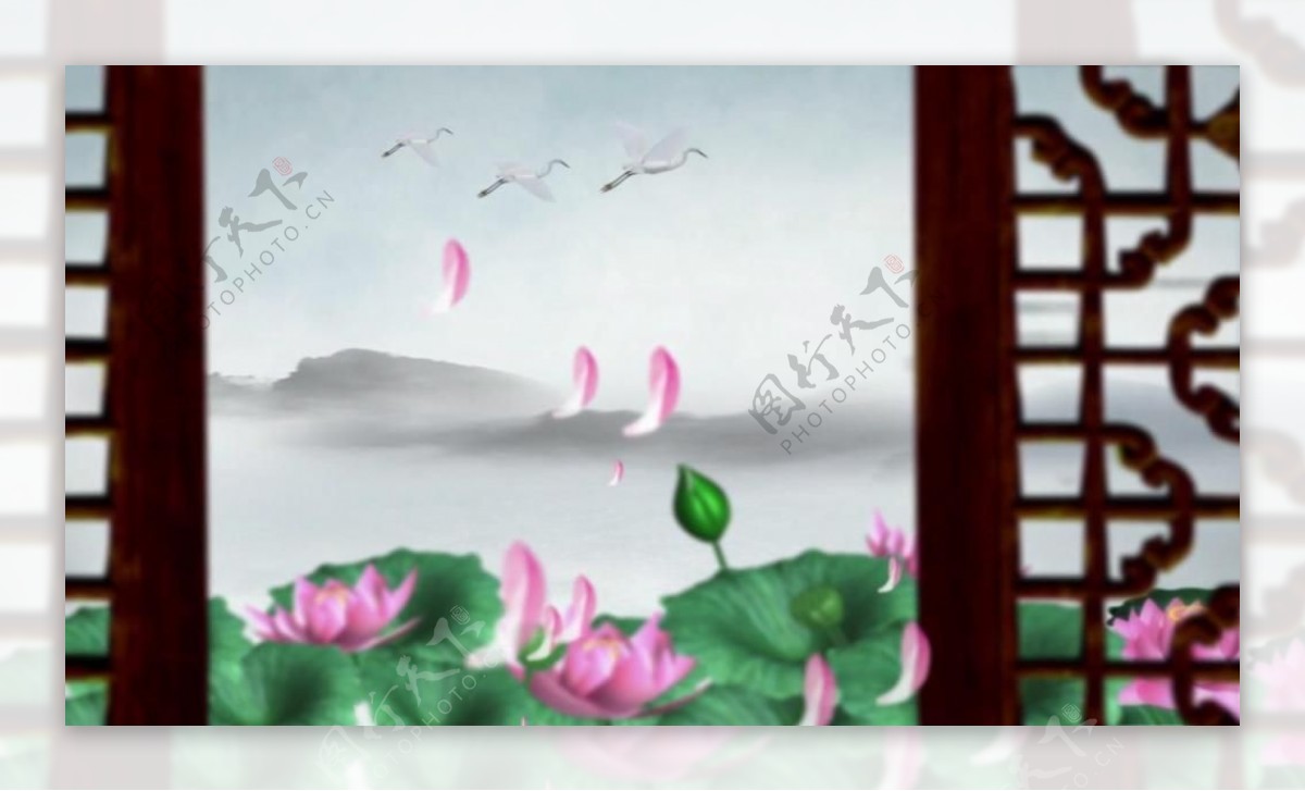 中国风淡雅荷花雕花窗户视频素材
