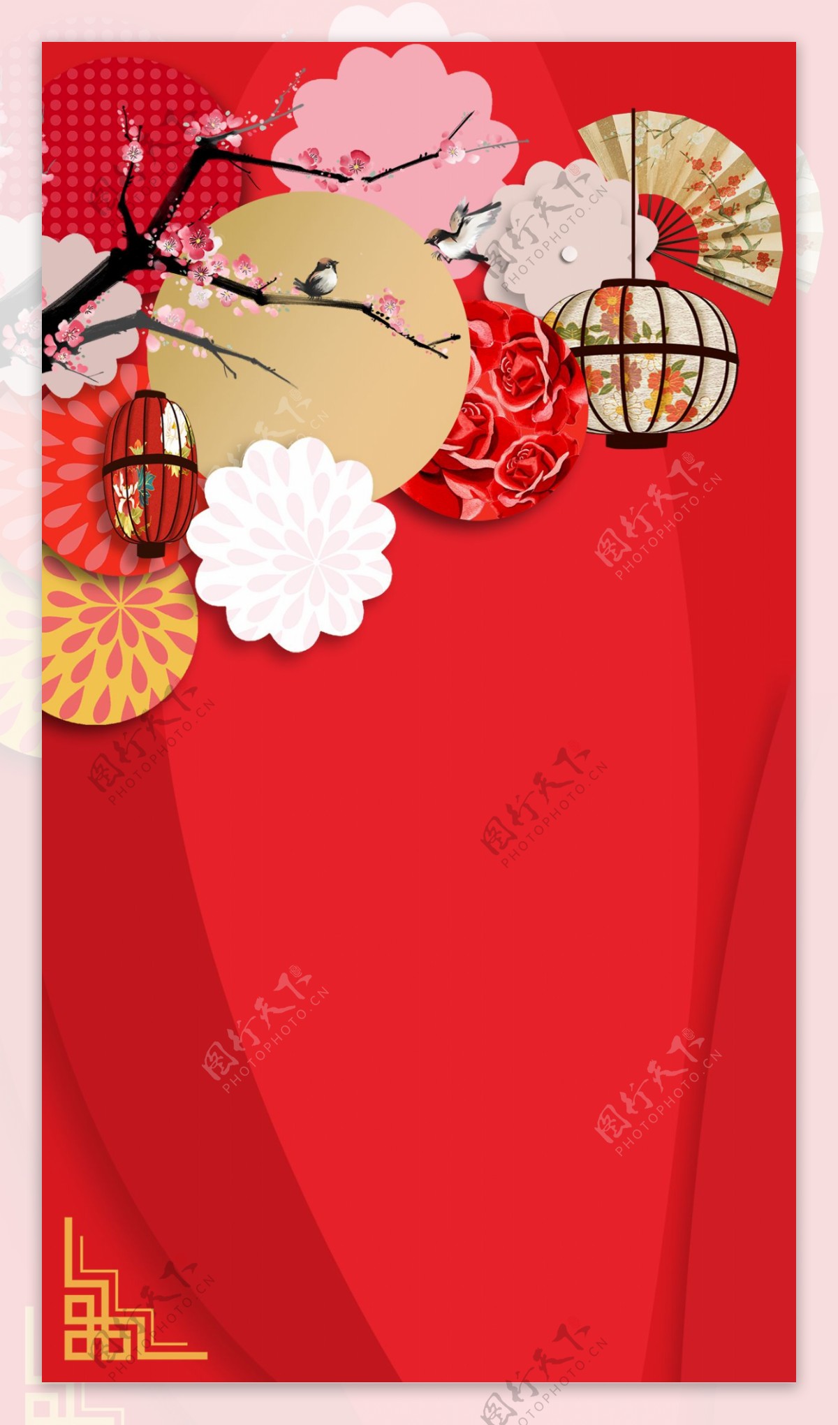 中国风扇子灯笼新年海报H5背景素材