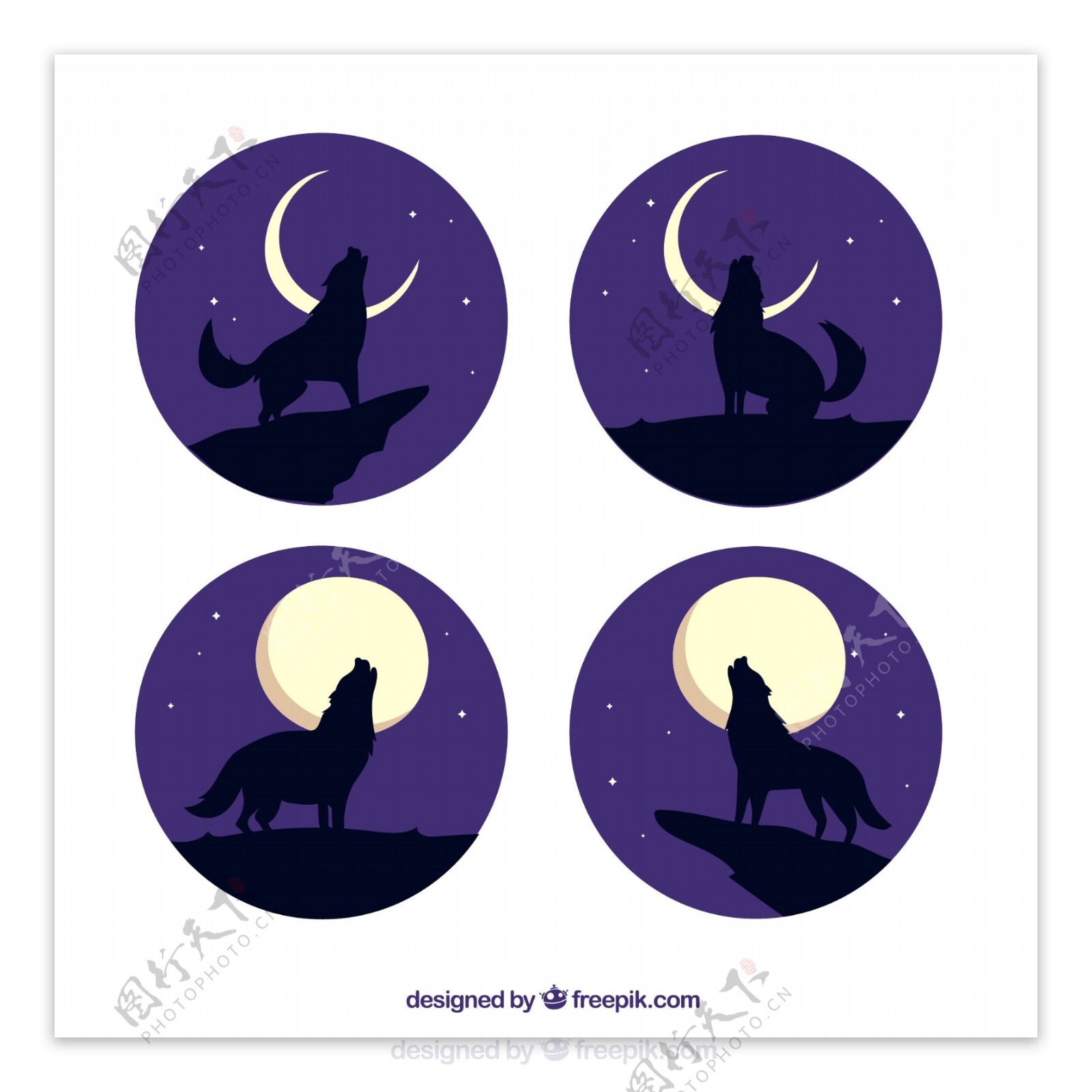 四只狼在月亮上嚎叫