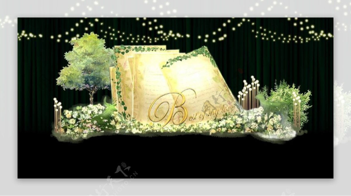 森系书本树与灯泡装饰婚礼展示效果图