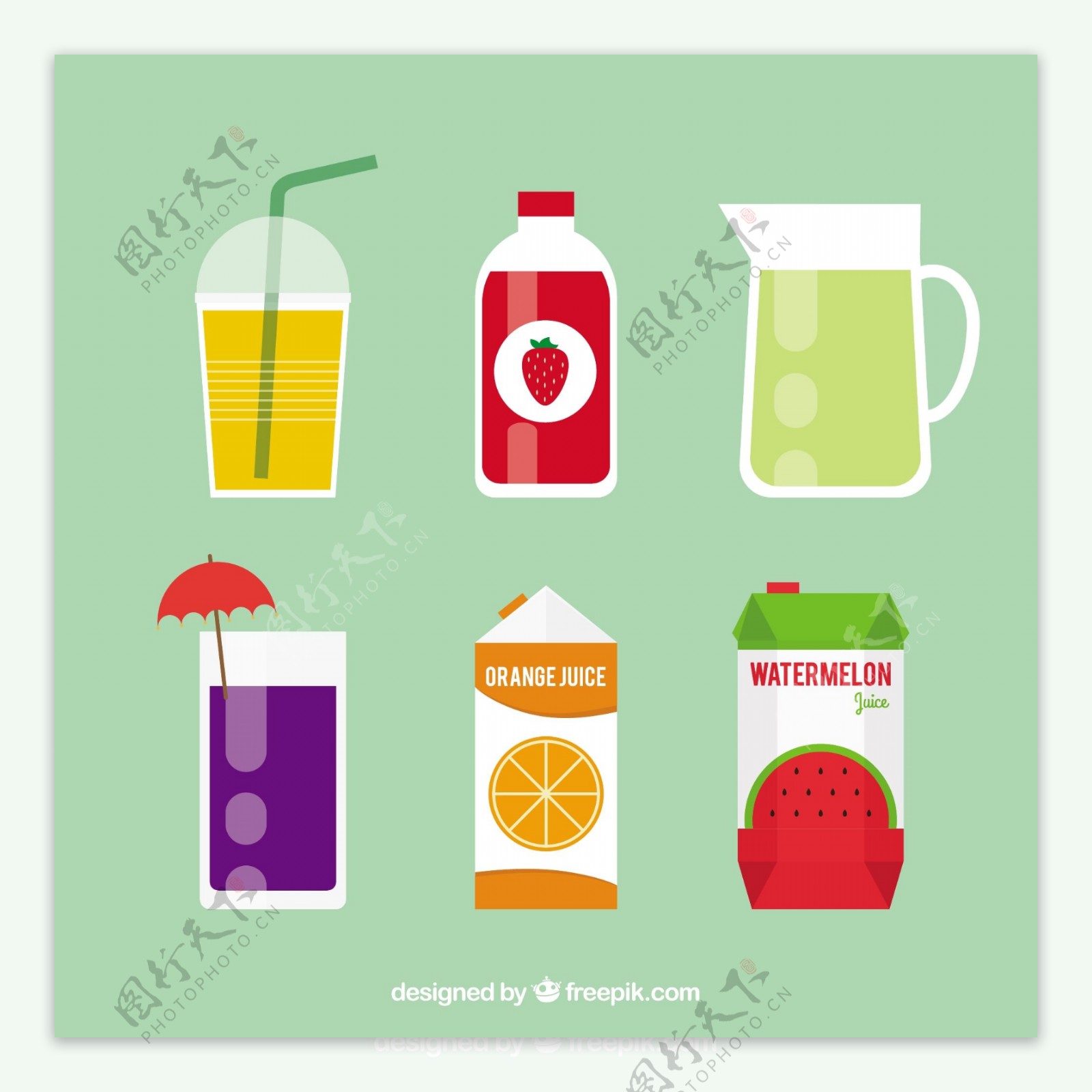 美味的果汁和各种不同的容器