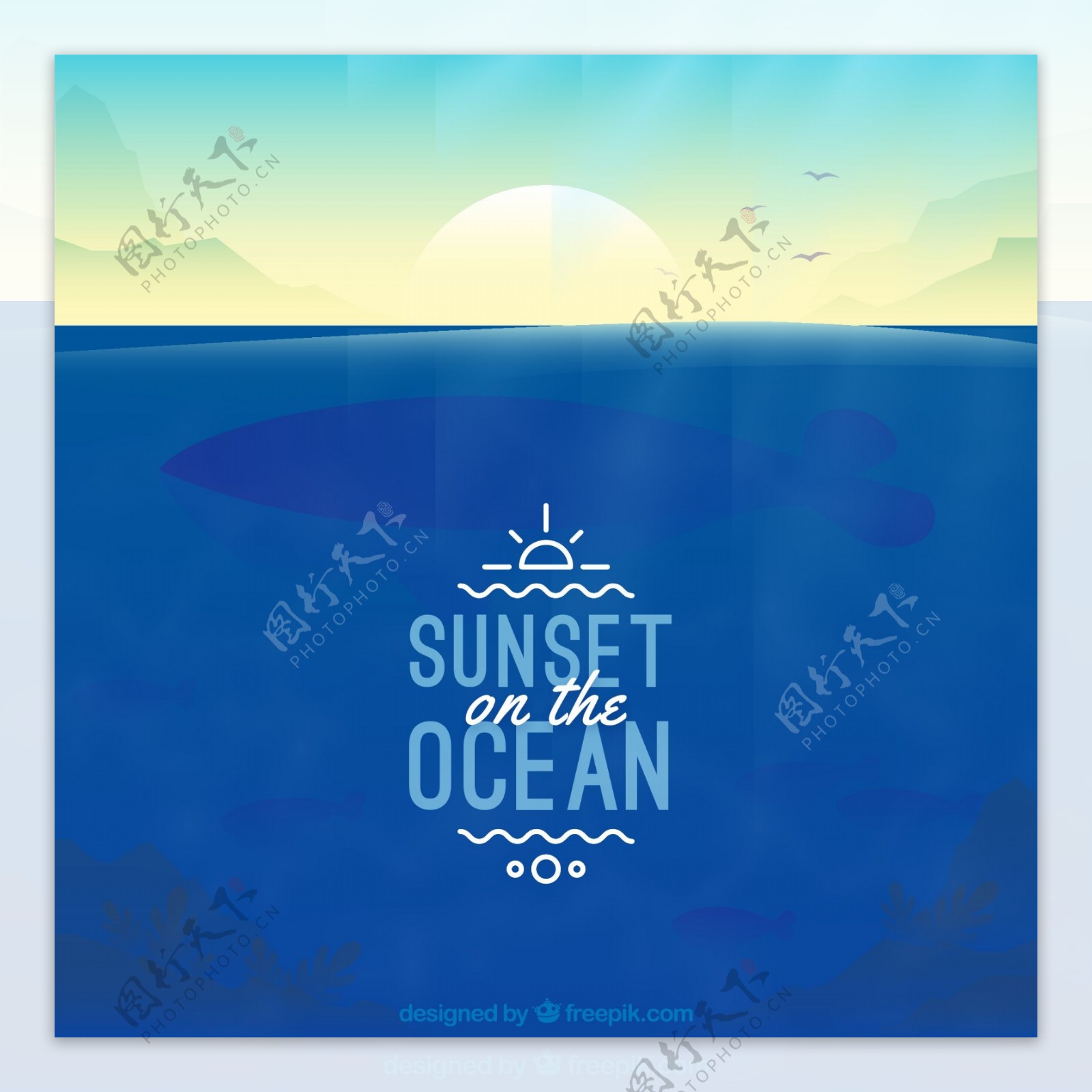 大海上的日落插画矢量素材背景