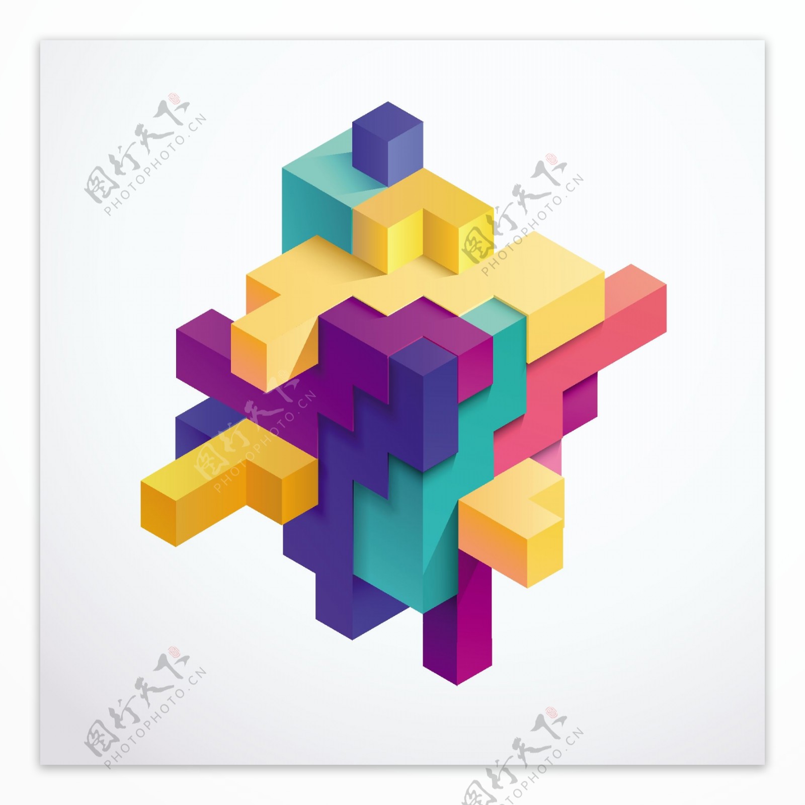 创意4D彩色积木几何图案元素