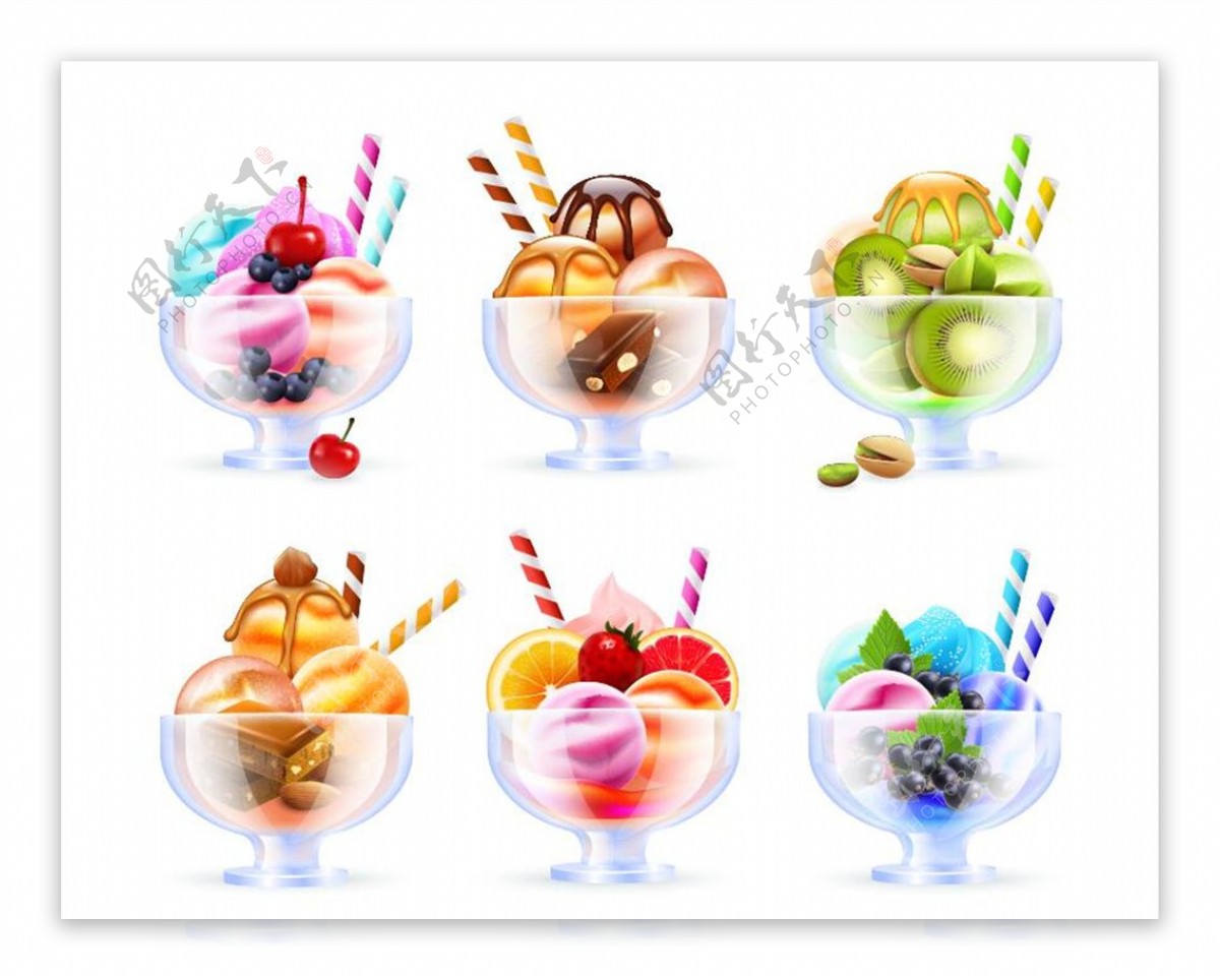六款玻璃杯中的美味冰淇淋球矢量