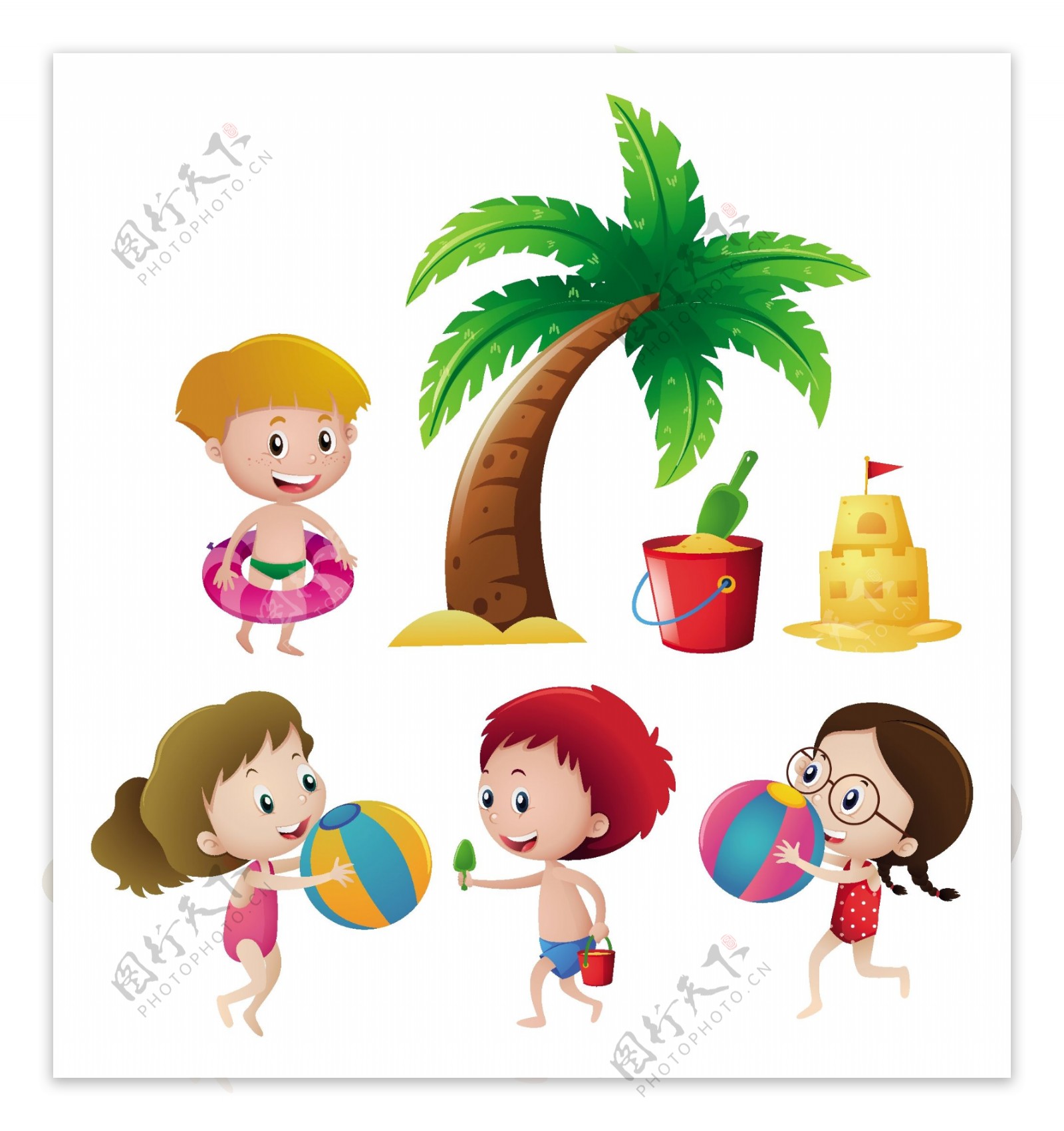 男孩和女孩在沙滩上玩耍