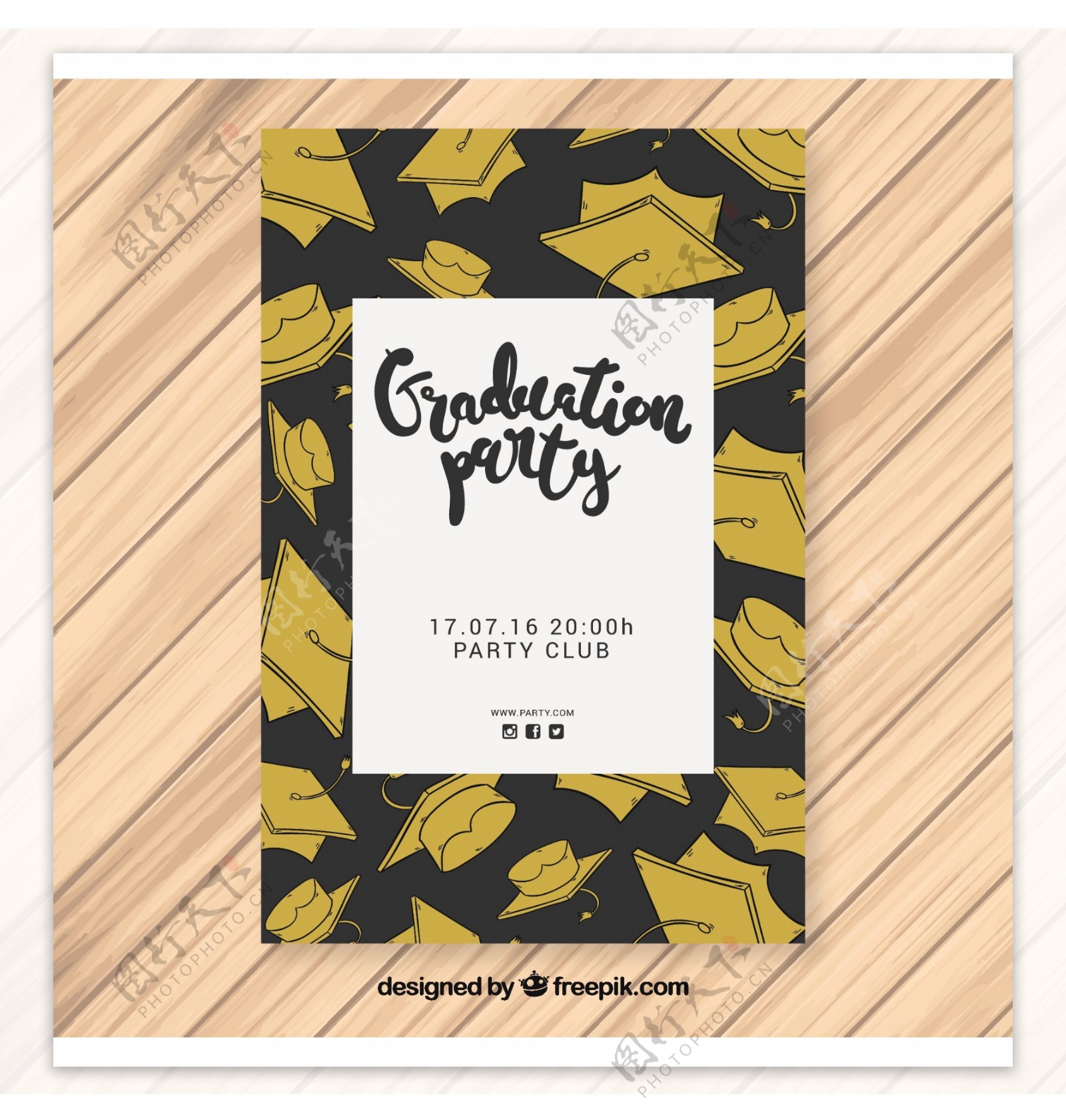 黑色和金色的晚会海报手绘的毕业帽
