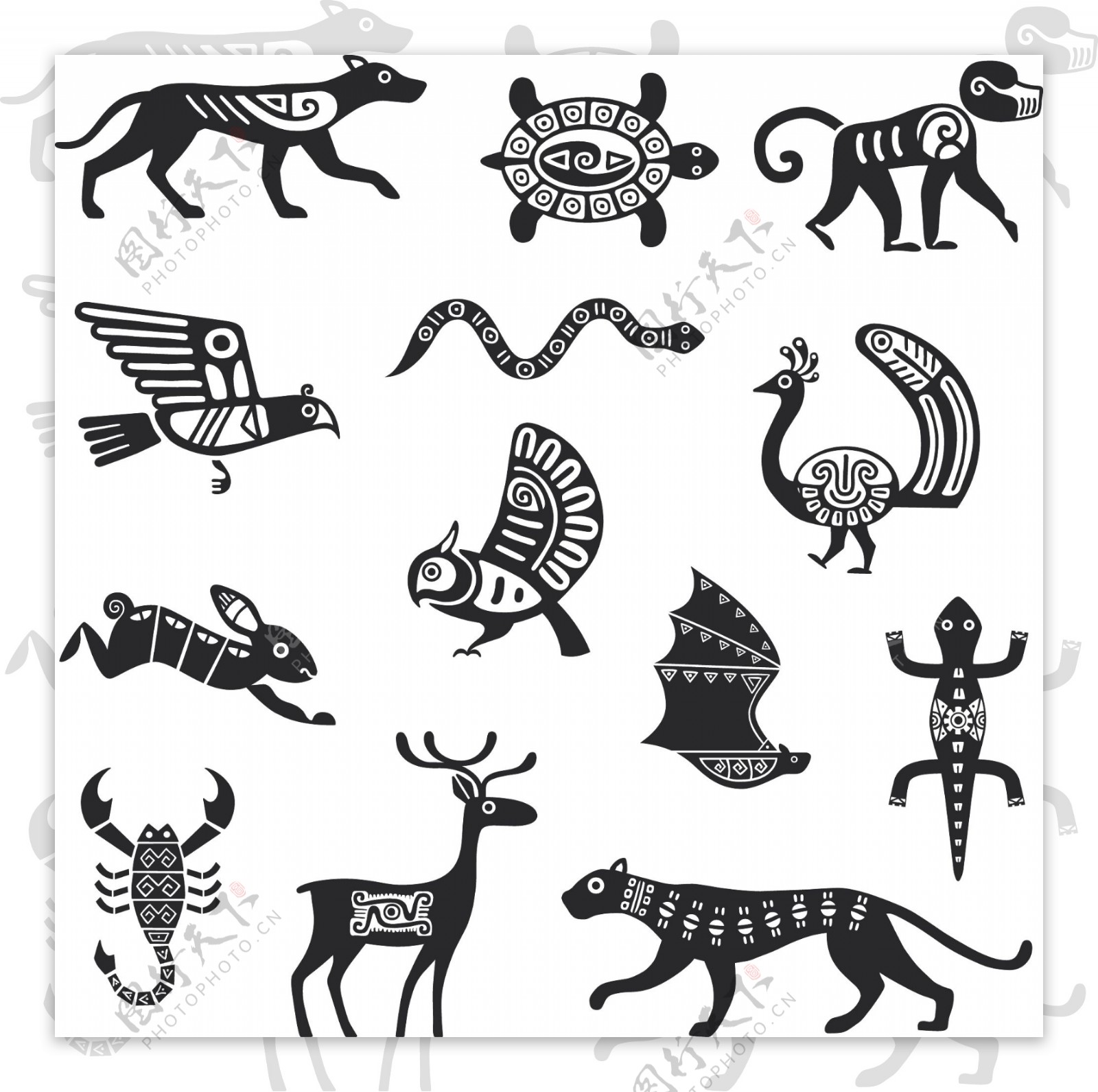 黑色动物剪纸样式纹样矢量素材