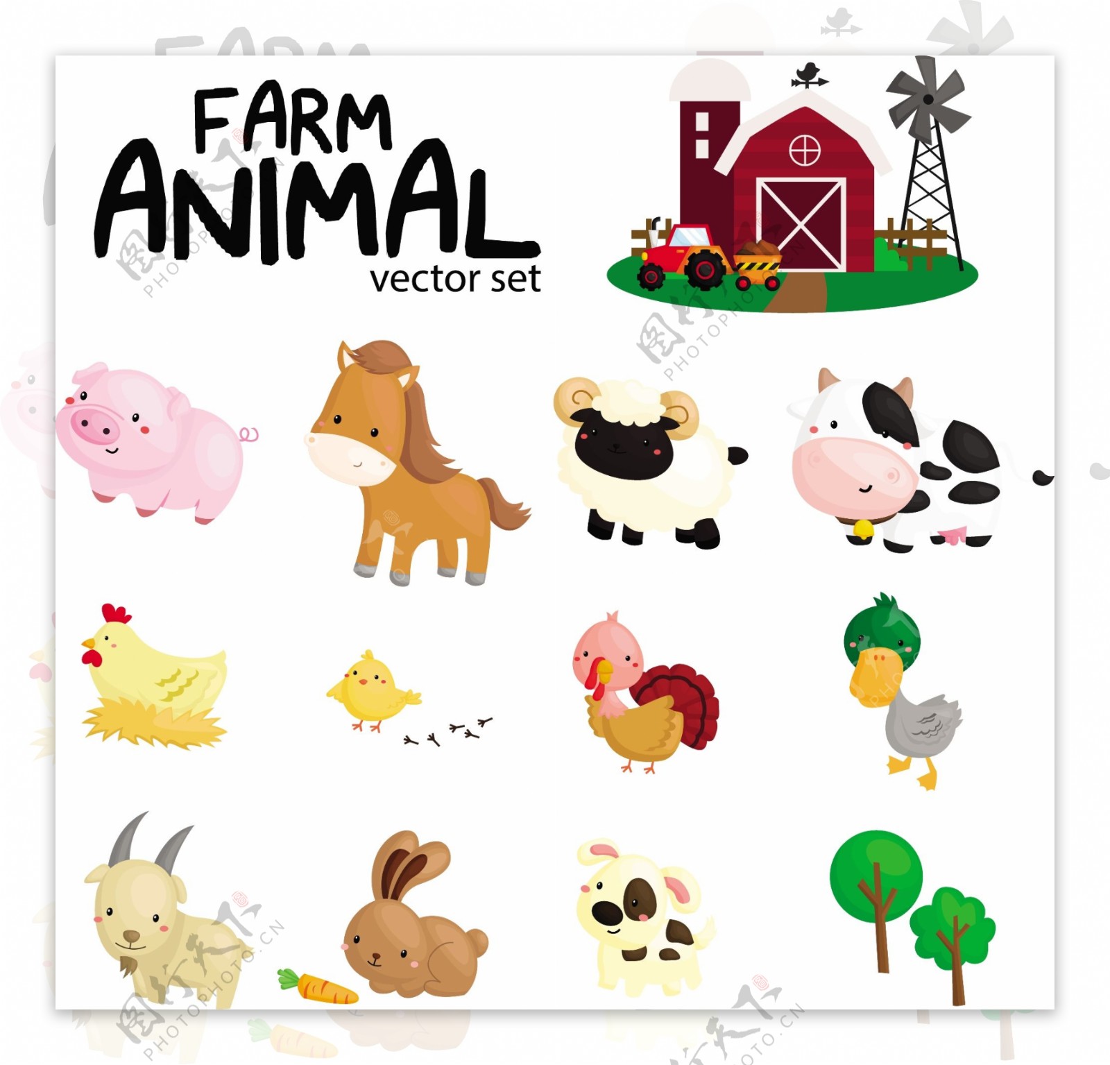 动物手绘卡通农场矢量素材