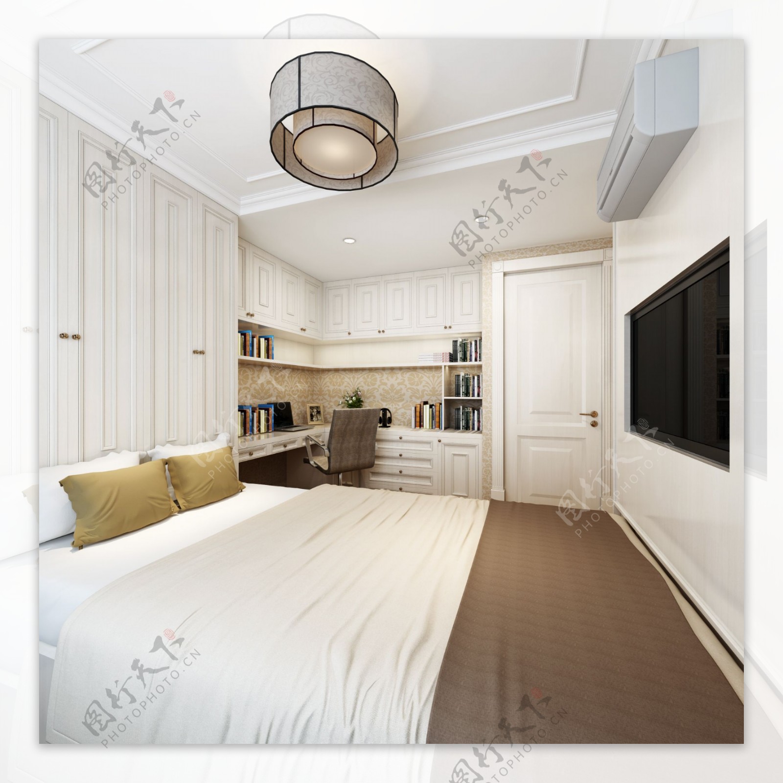 美式清新卧室白色大床房室内装修效果图