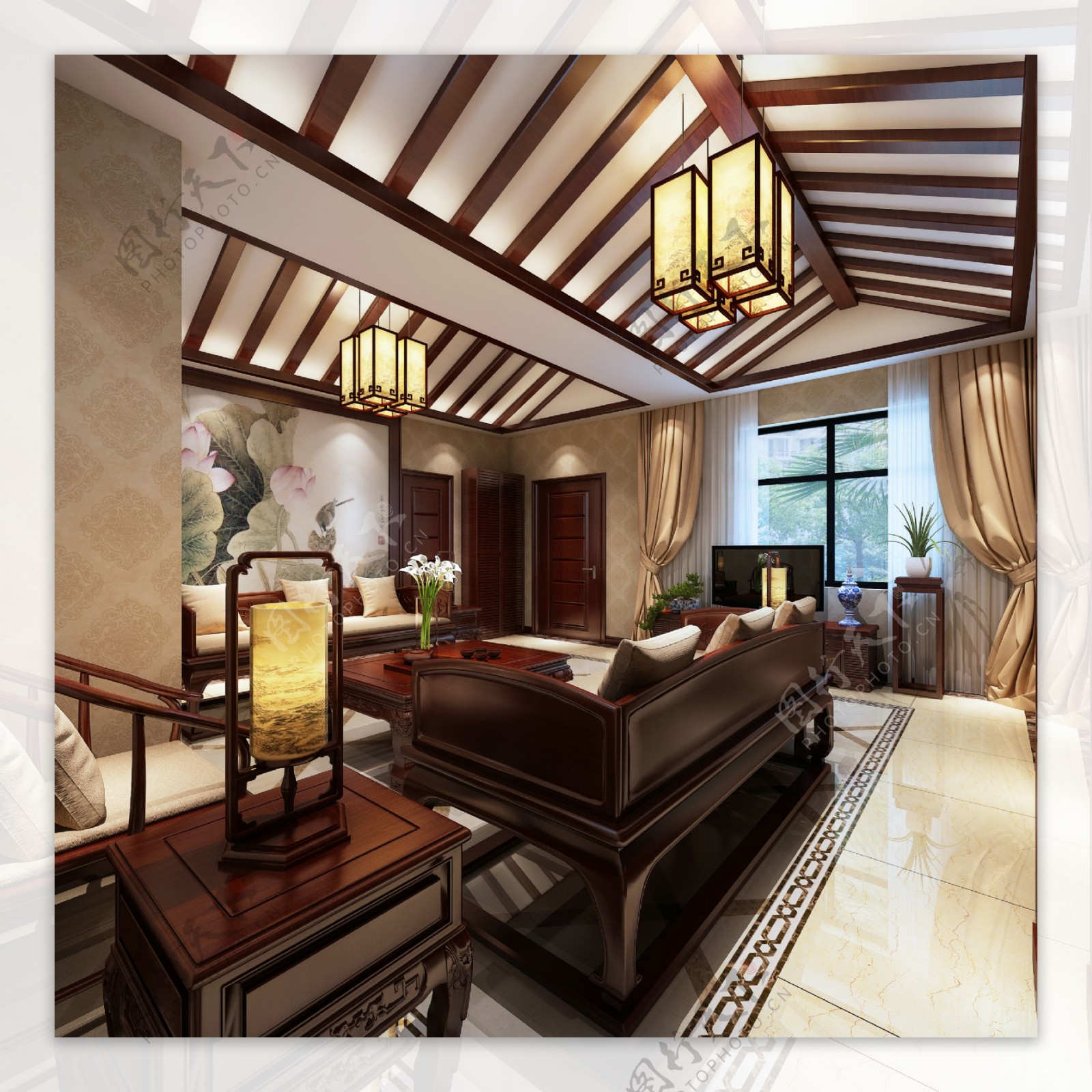 中式清雅客厅瓷砖地板室内装修效果图