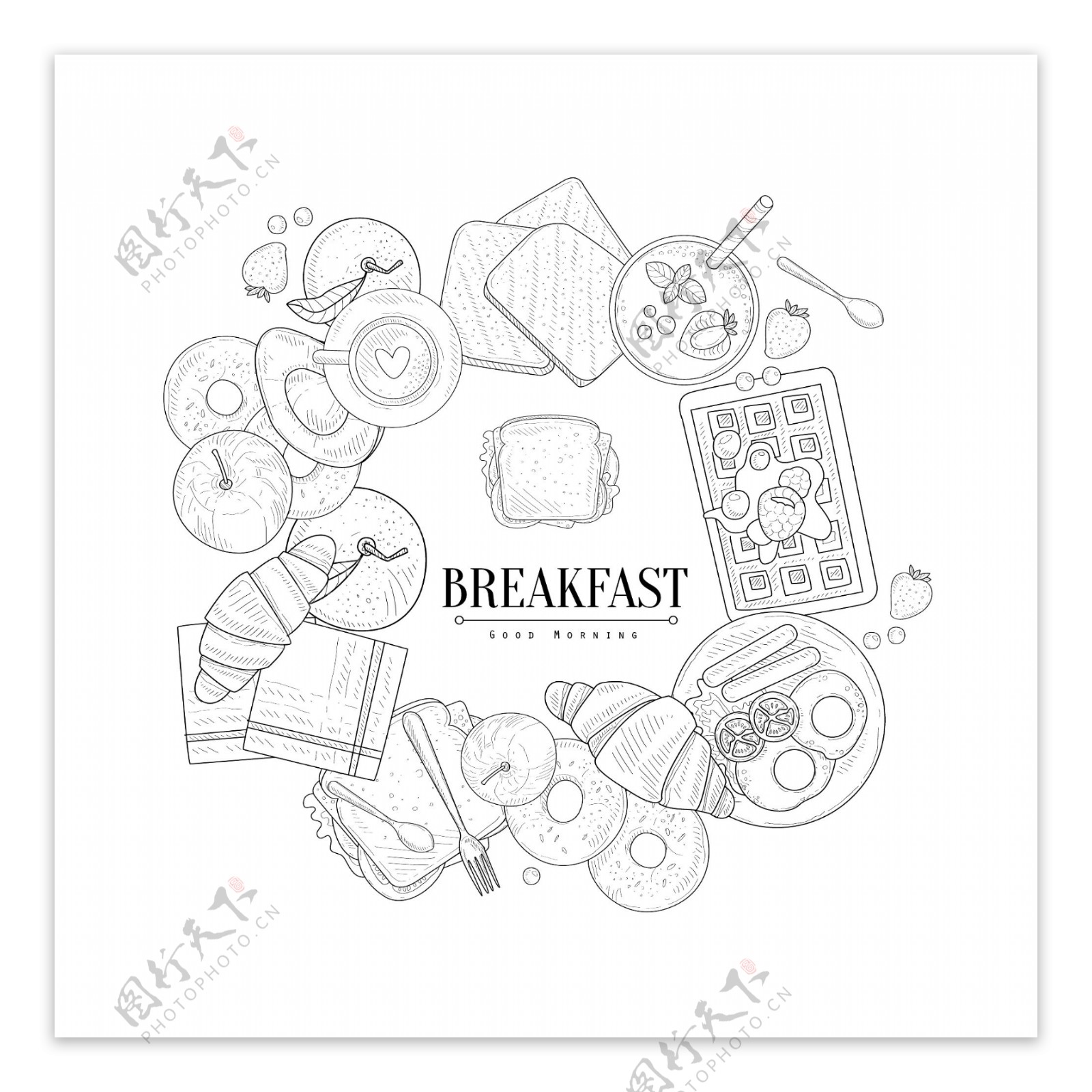 黑白手绘面包早餐插画