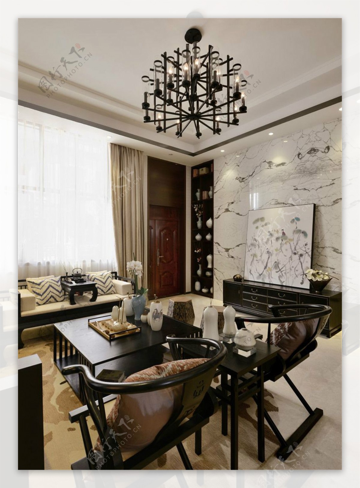现代时尚客厅黑色铁艺吊灯室内装修效果图