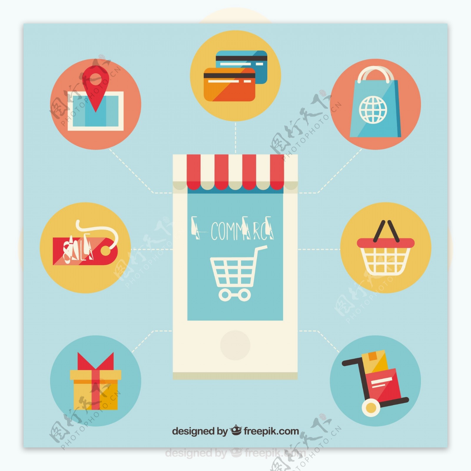 智能手机和购物符号与平面设计