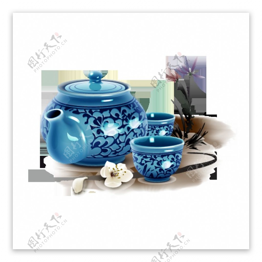 深蓝色青花瓷茶杯茶壶图案素材