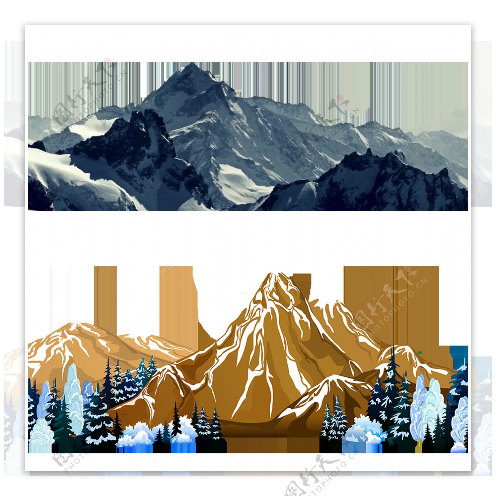 手绘漂亮雪山免抠png透明图层素材
