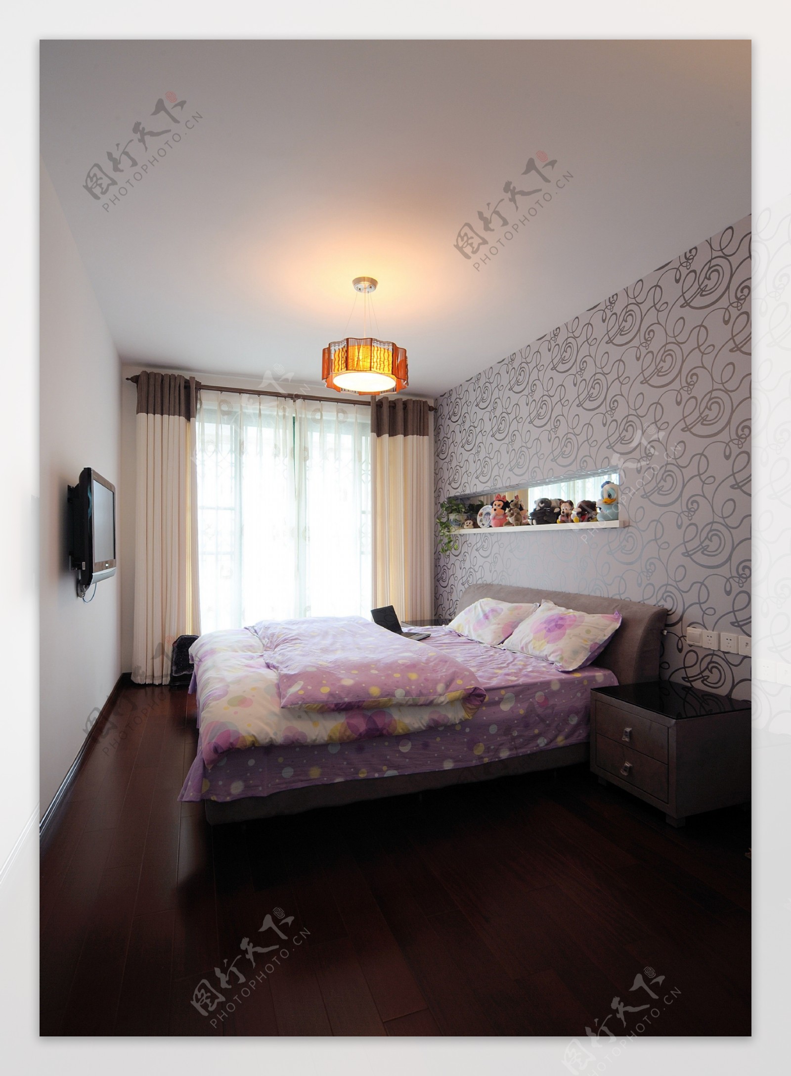 简约风室内设计卧室紫色壁纸效果图