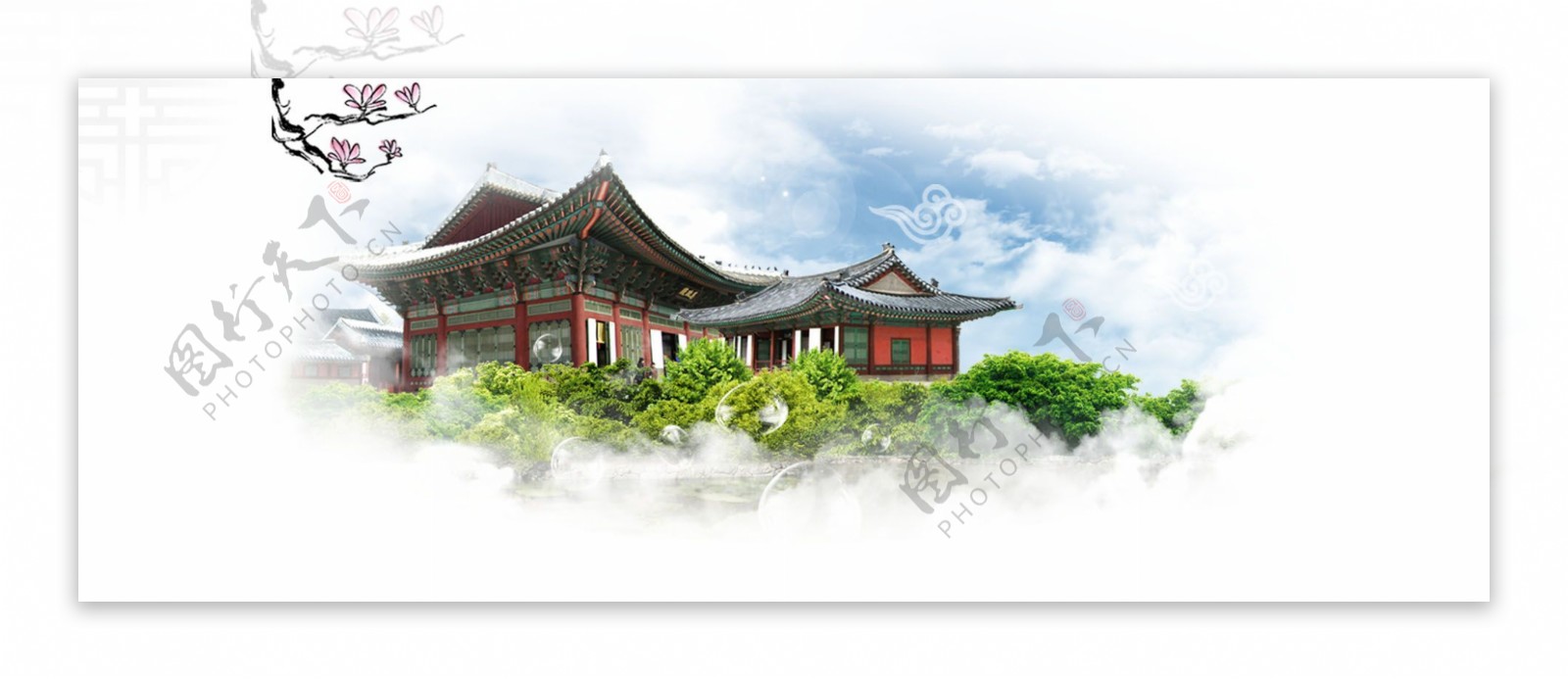 绿色植物寺庙banner背景素材