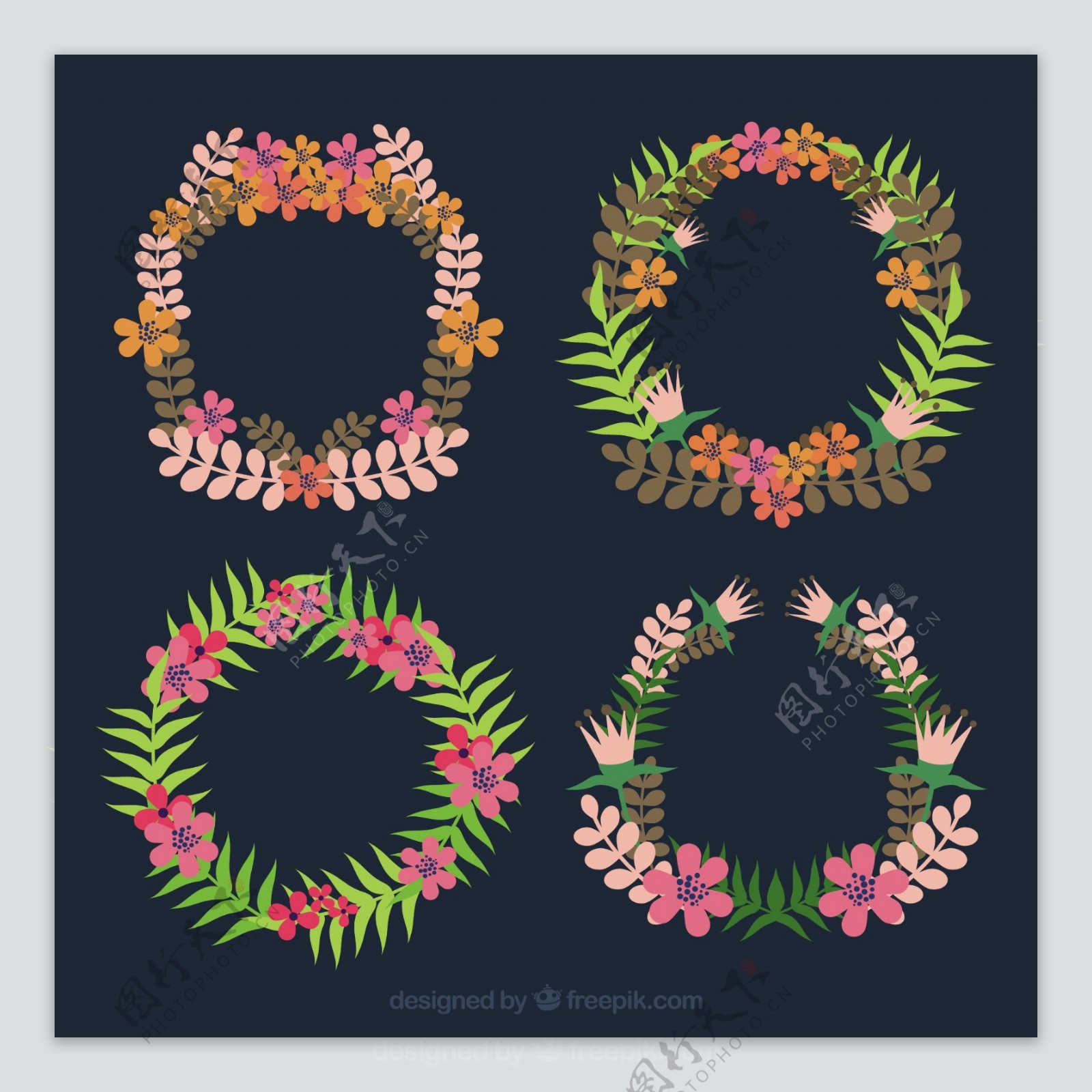 手绘花卉花环装饰图案