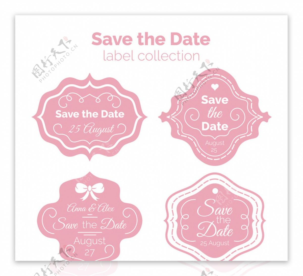 4款粉色婚礼标签设计矢量图