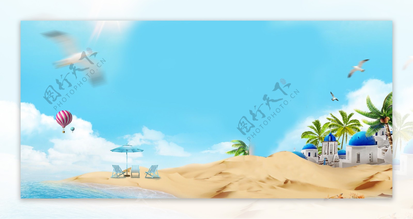 海鸥蓝色大海沙滩banner背景素材
