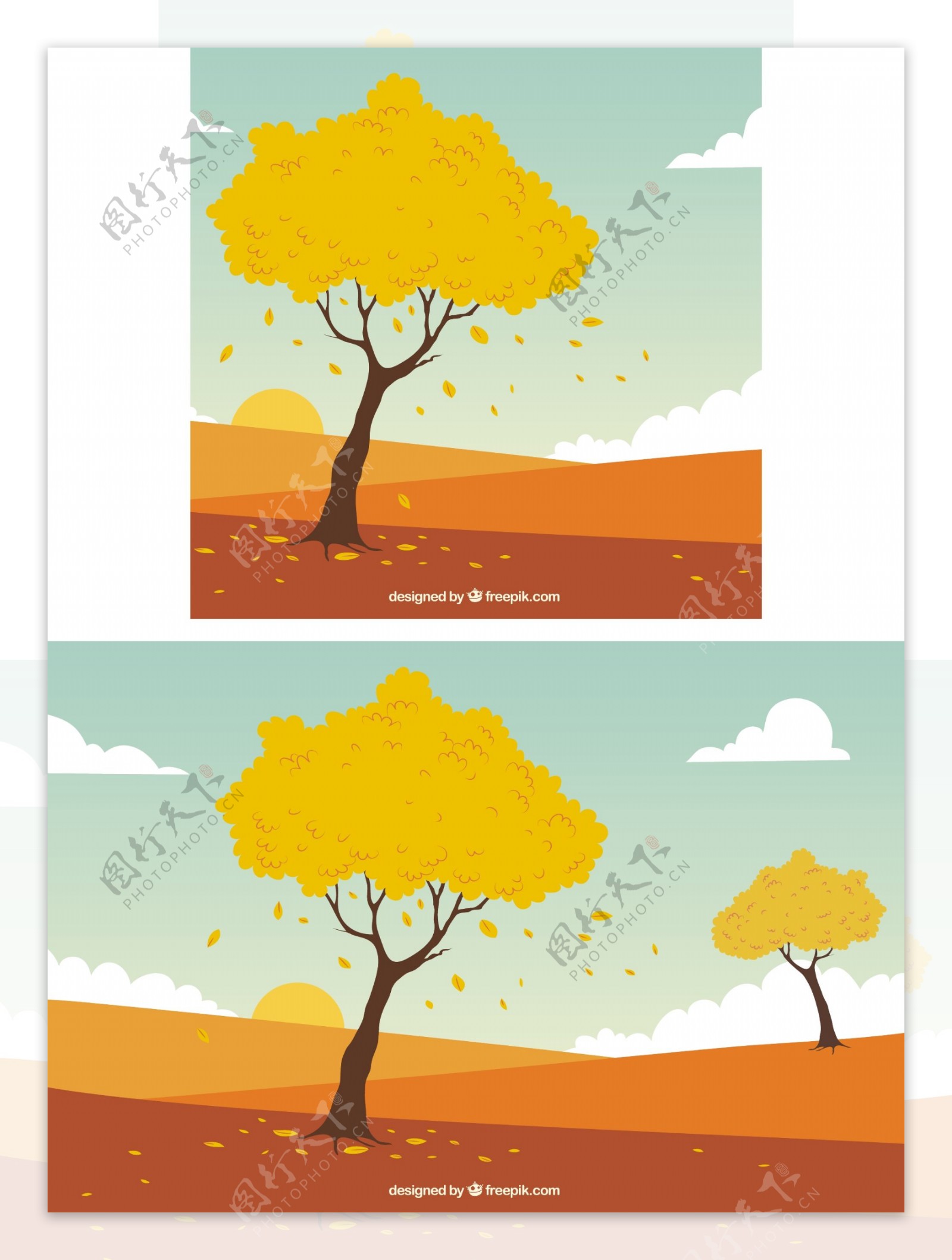 手绘秋季树木与景观