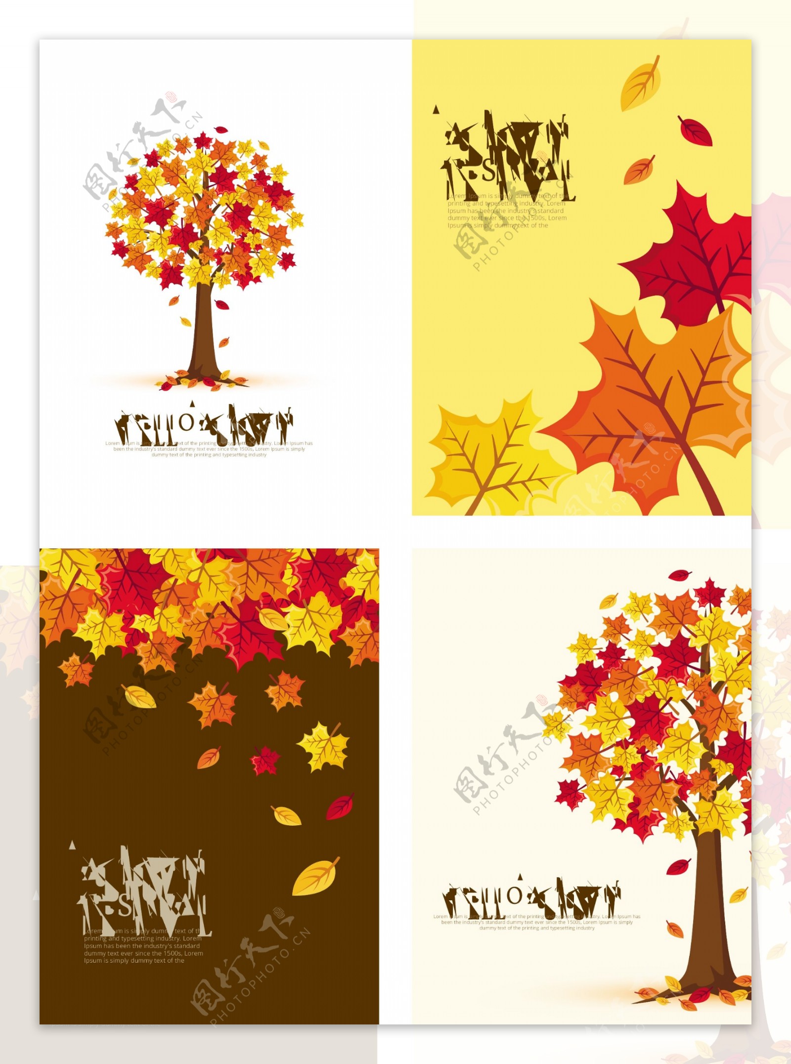丰富多彩的秋天的卡片和可爱的树和叶子