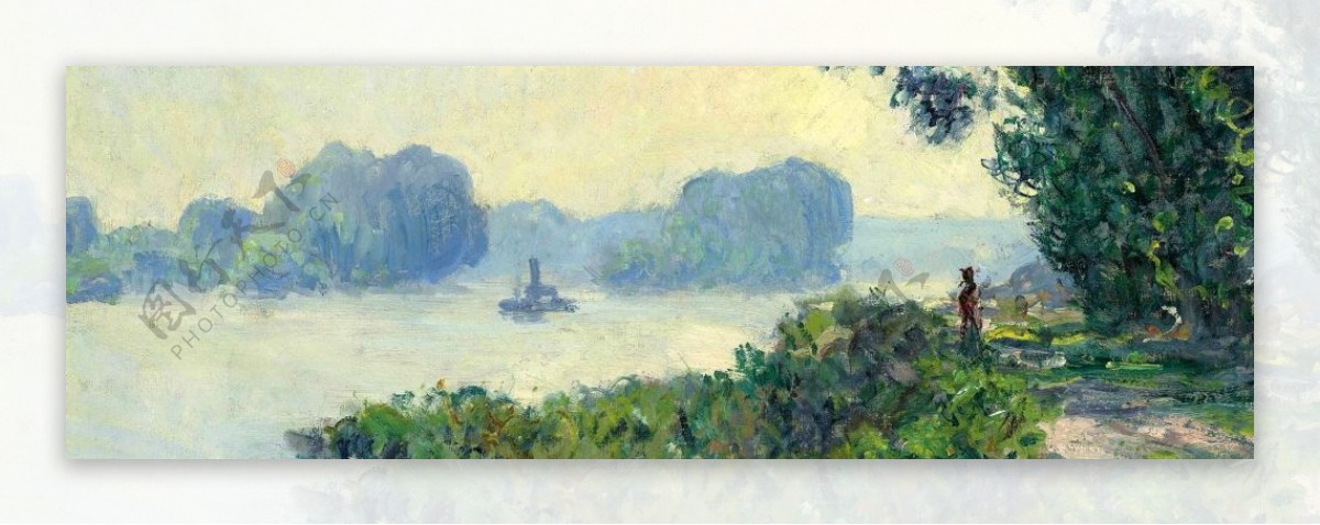 美丽湖边风景油画背景墙素材
