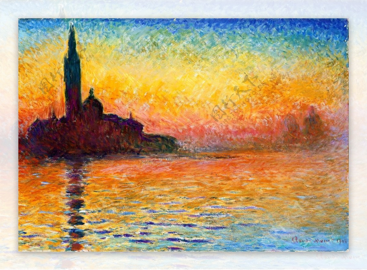 美丽夕阳湖边城市倒影风景油画背景墙素材