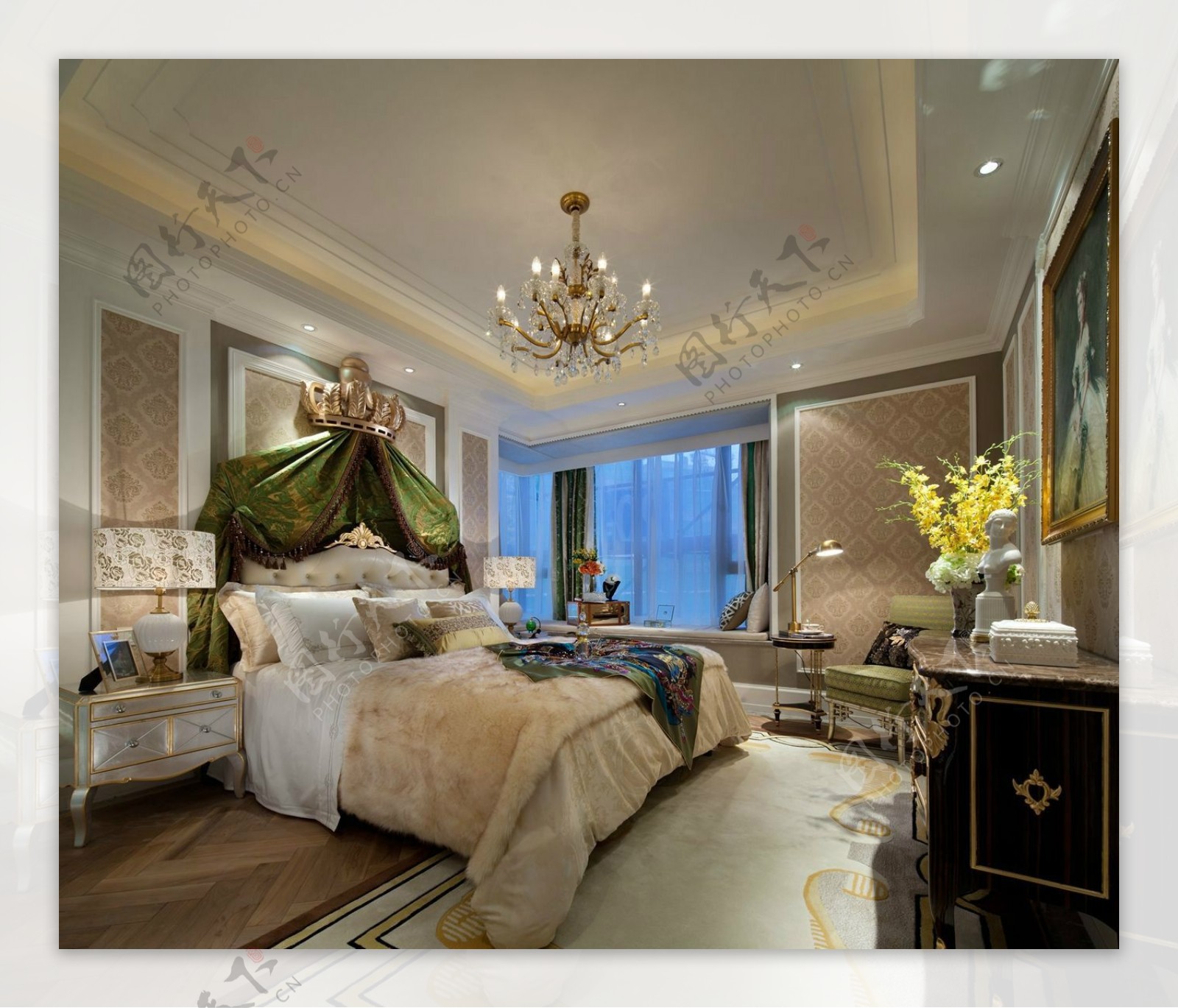 现代轻奢卧室深绿色床头罩室内装修效果图