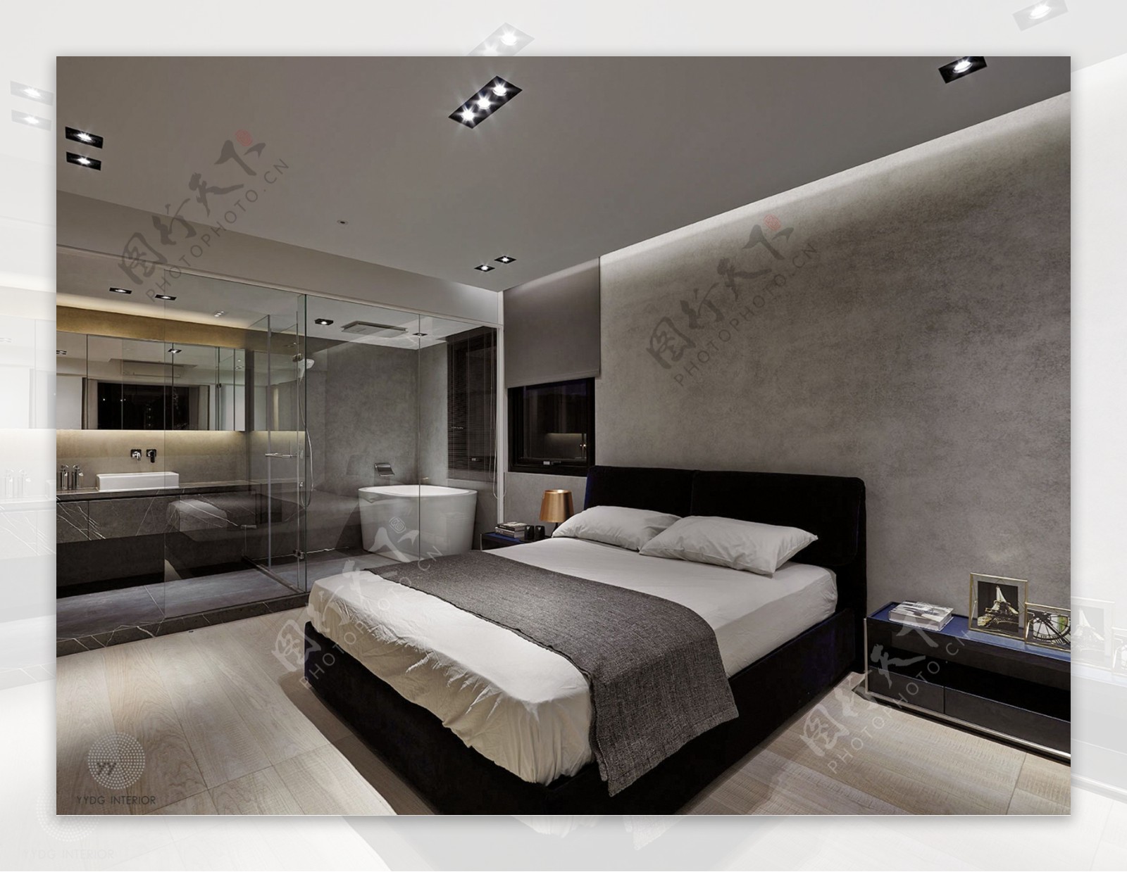 现代极简时尚卧室深褐色背景墙室内装修图