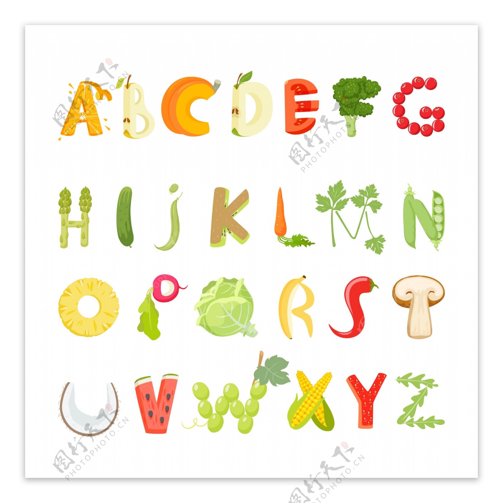 蔬菜字母矢量素材