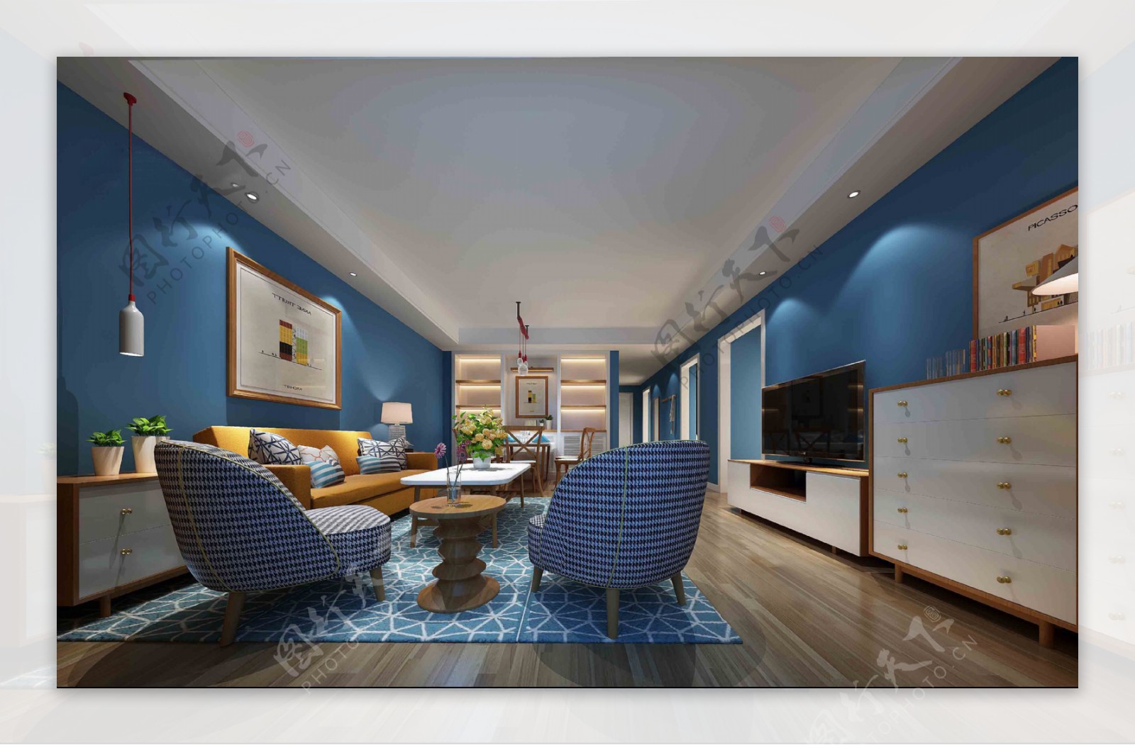 创意室内客厅蓝色背景墙效果图