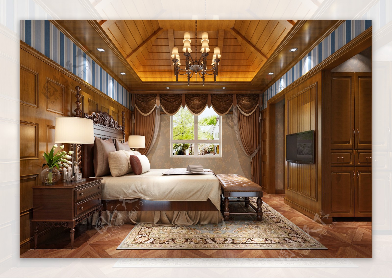 美式大户型卧室褐色背景墙室内装修效果图