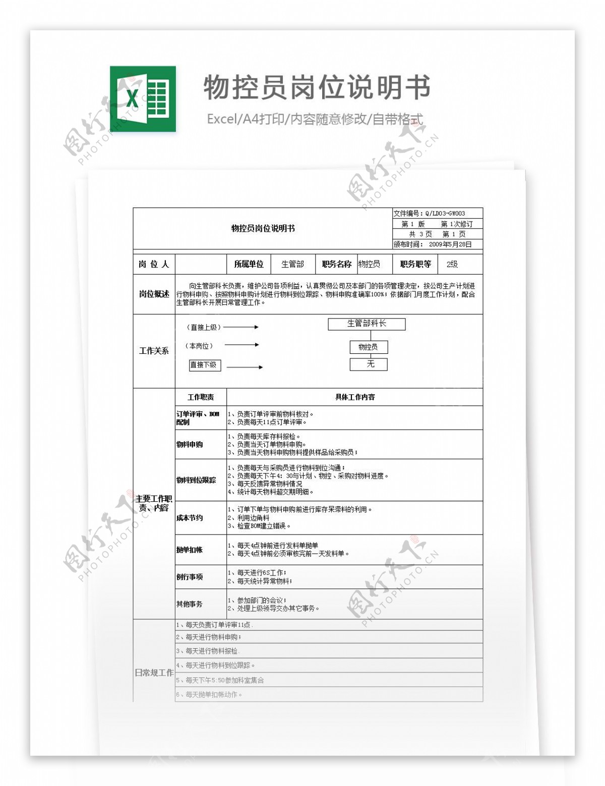 物控员岗位说明书