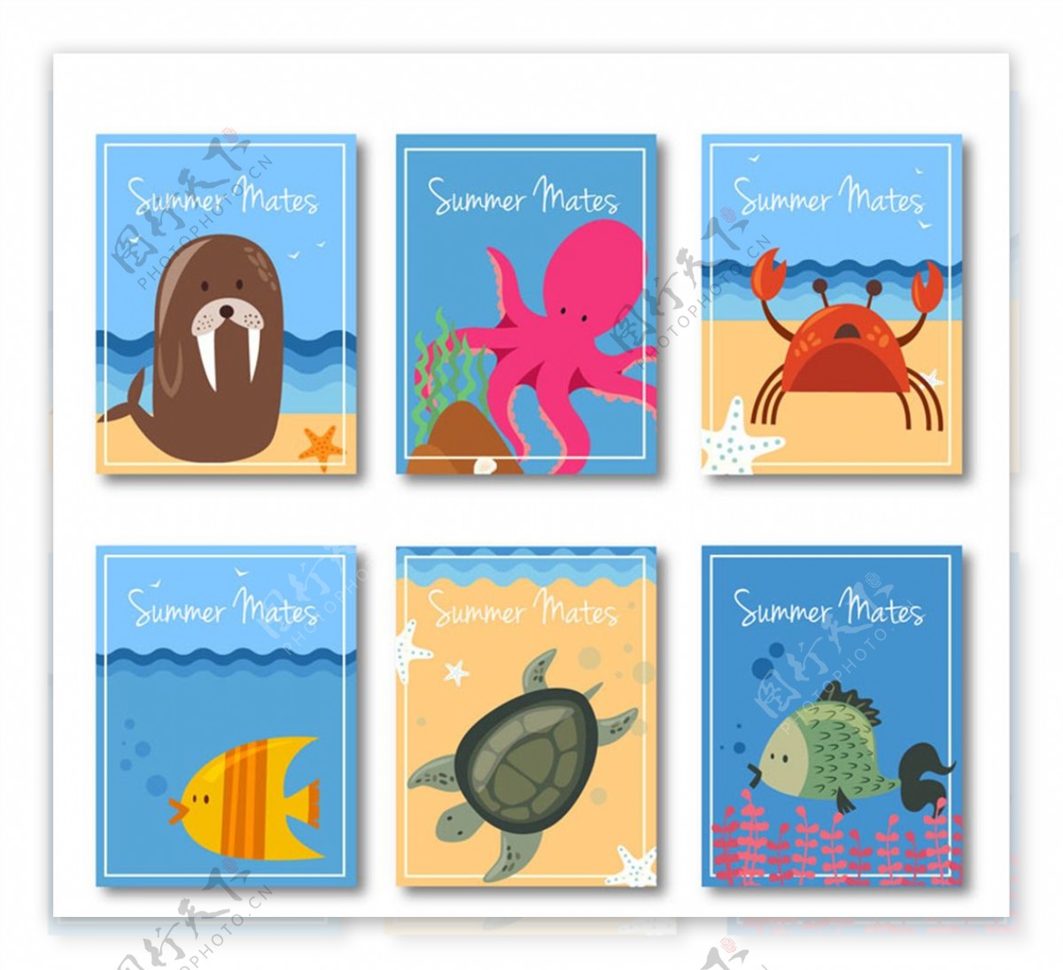 8款可爱夏季动物卡片矢量图