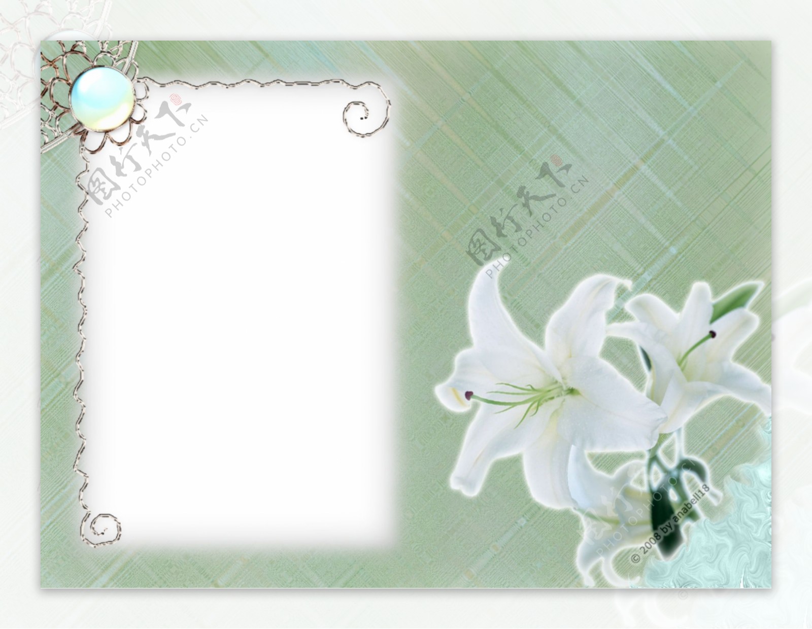 白色花卉浅绿色边框免抠psd透明素材