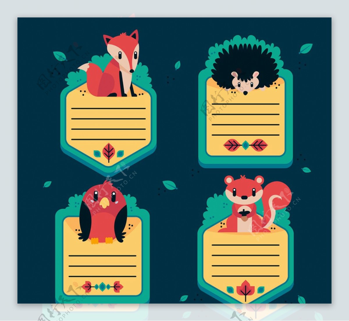 4款可爱动物留言卡设计矢量图